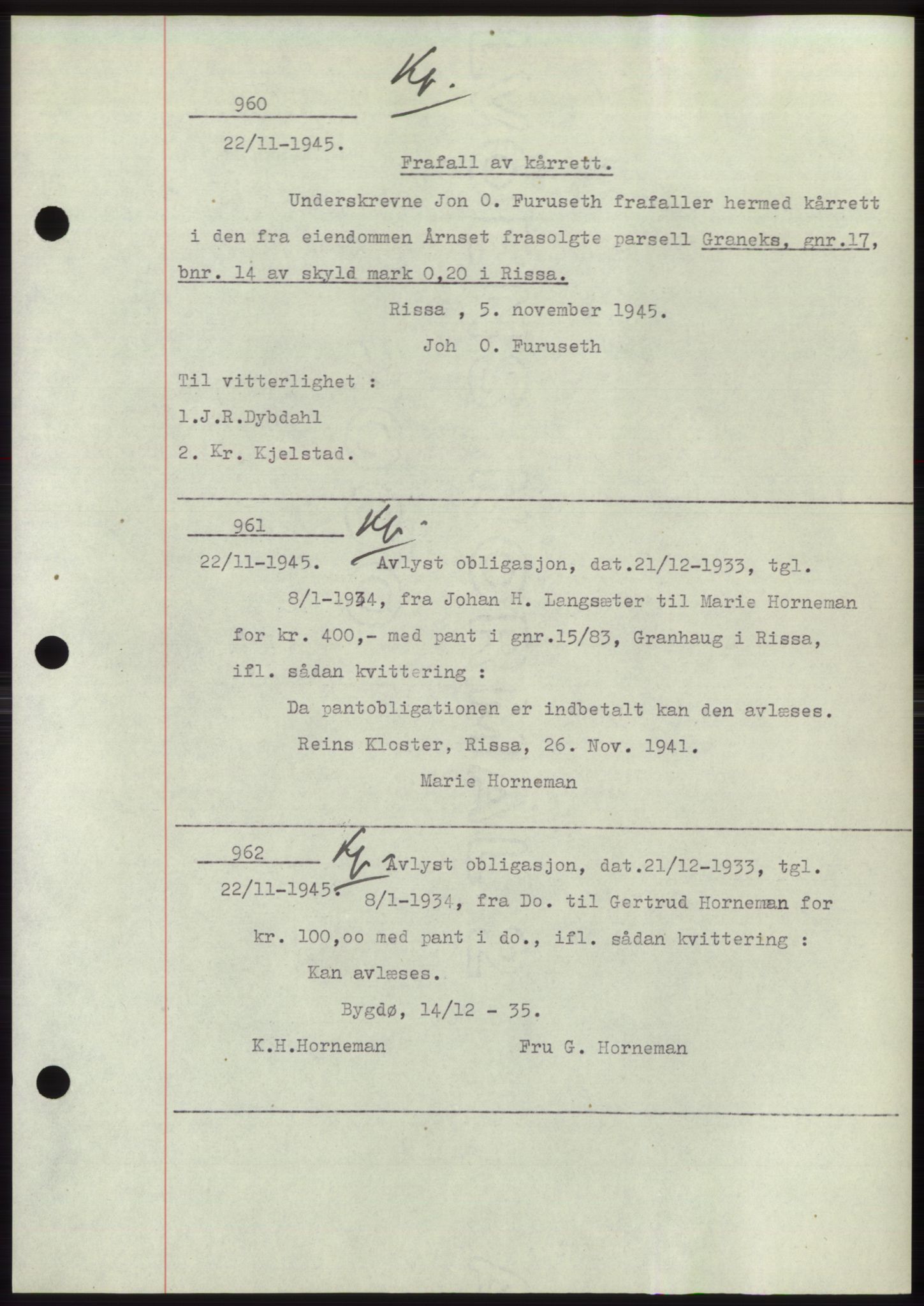 Fosen sorenskriveri, AV/SAT-A-1107/1/2/2C: Pantebok nr. B1, 1943-1946, Dagboknr: 960/1945