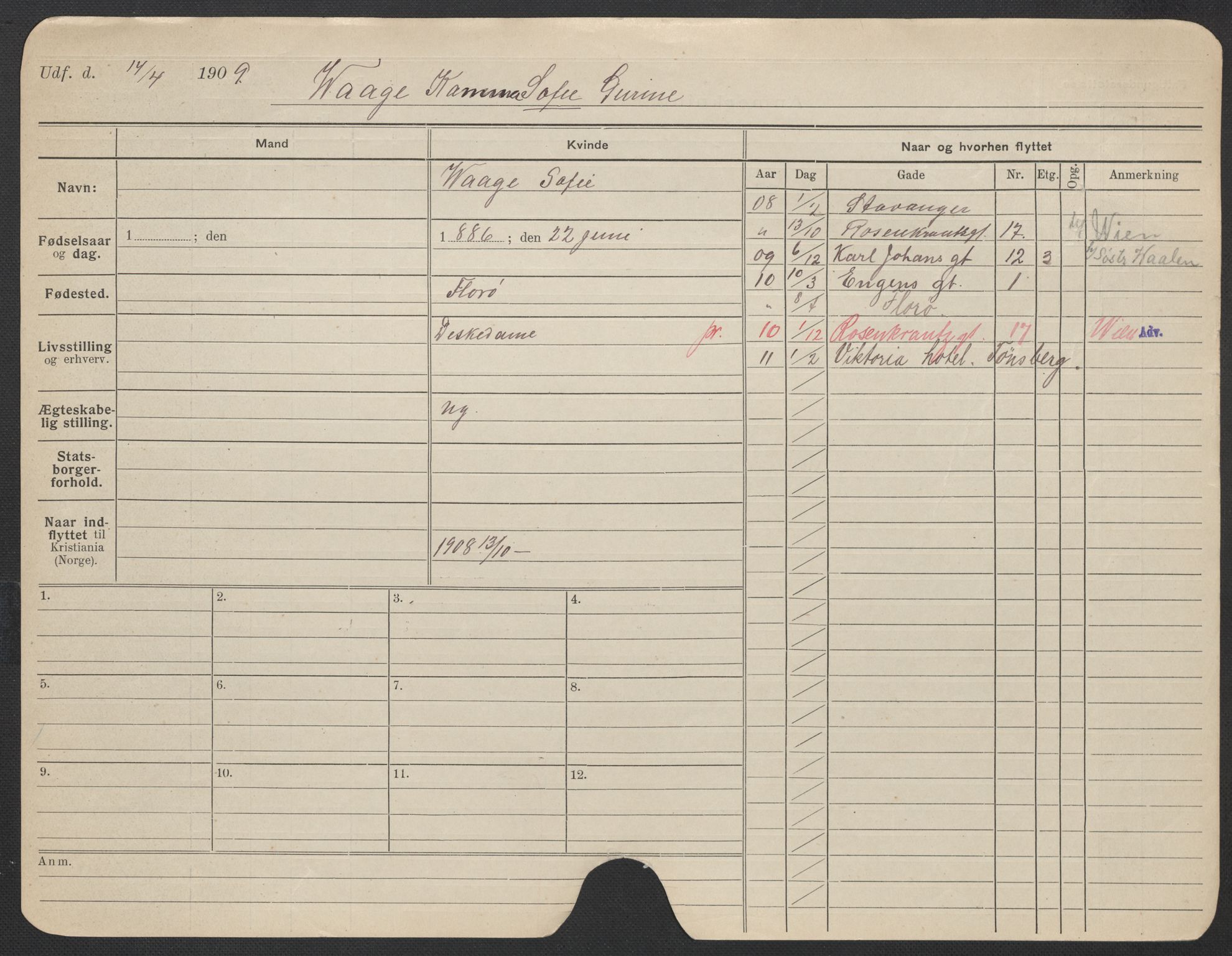 Oslo folkeregister, Registerkort, AV/SAO-A-11715/F/Fa/Fac/L0025: Kvinner, 1906-1914, s. 496a