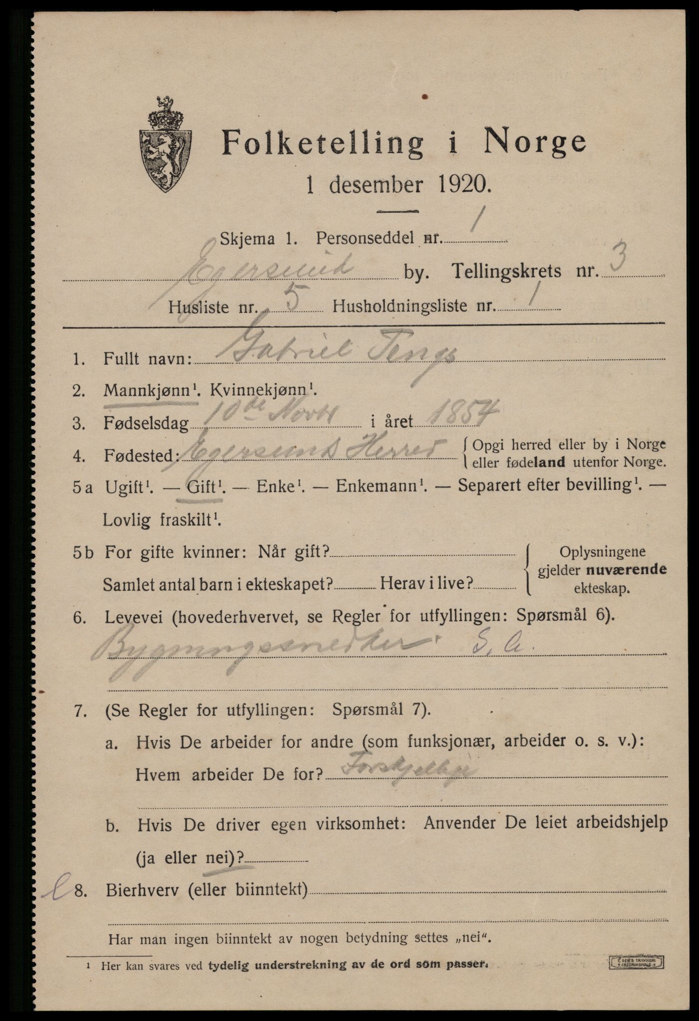 SAST, Folketelling 1920 for 1101 Egersund ladested, 1920, s. 5010