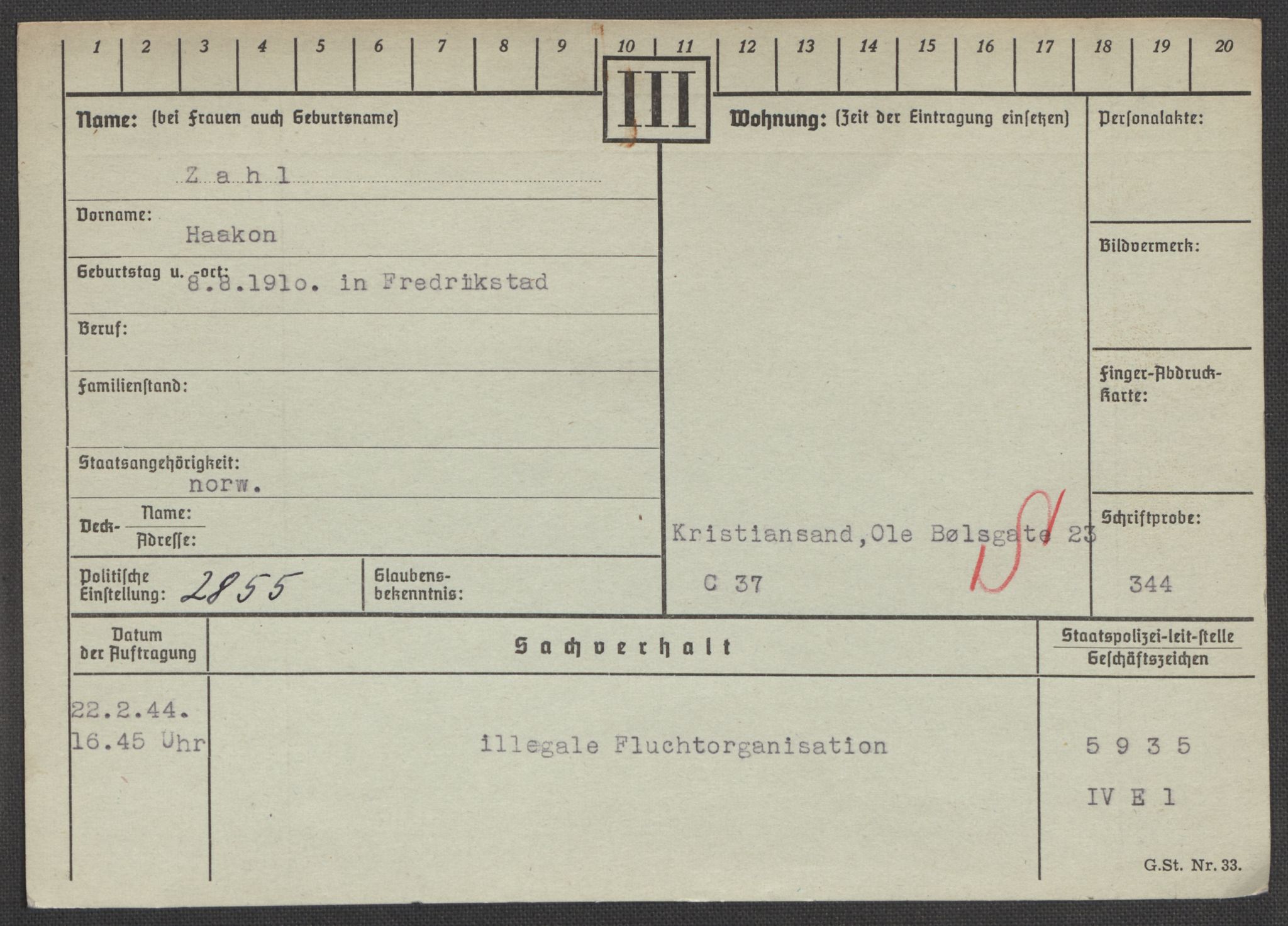 Befehlshaber der Sicherheitspolizei und des SD, RA/RAFA-5969/E/Ea/Eaa/L0010: Register over norske fanger i Møllergata 19: Sø-Å, 1940-1945, s. 1170