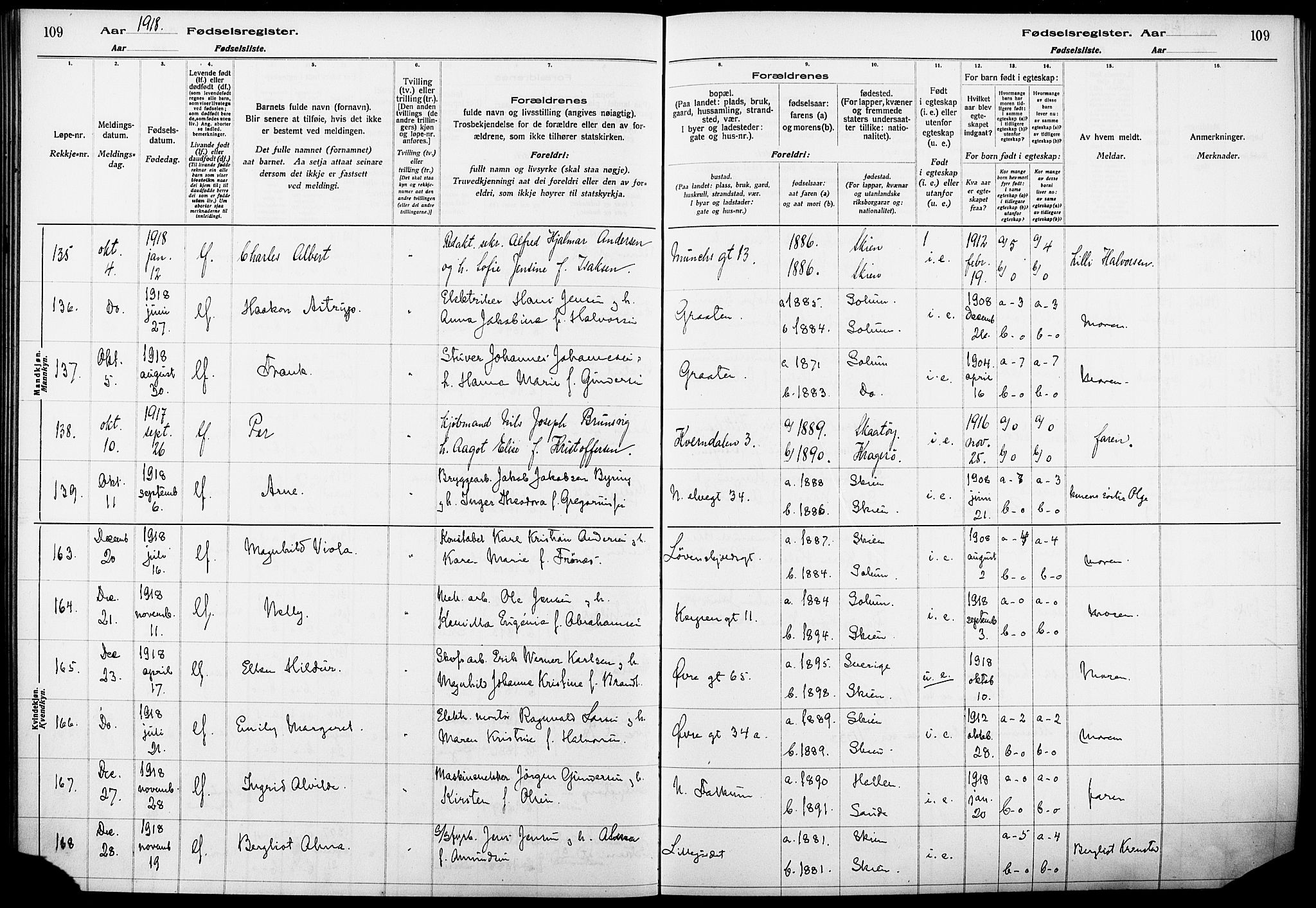 Skien kirkebøker, SAKO/A-302/J/Ja/L0001: Fødselsregister nr. 1, 1916-1920, s. 109