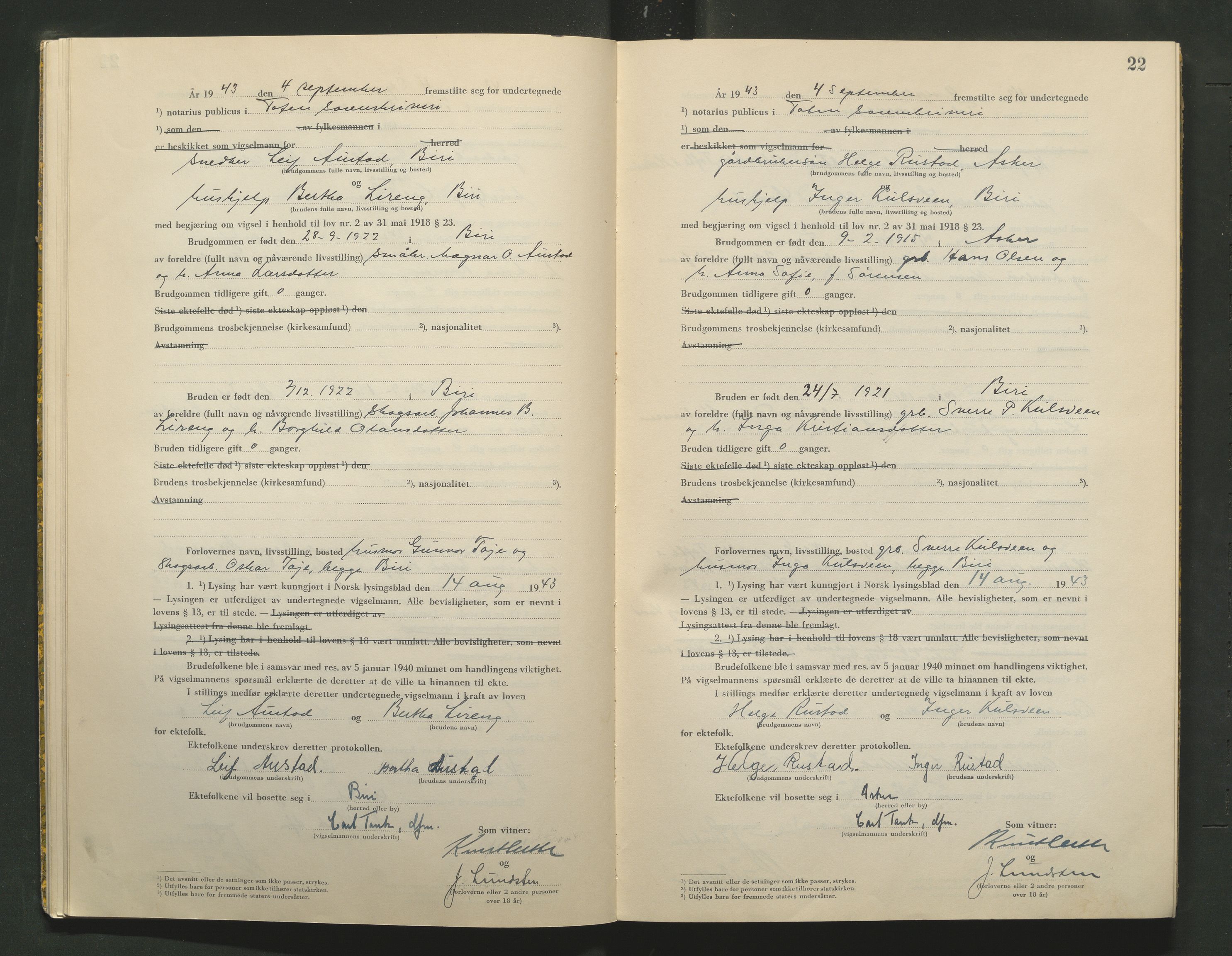 Toten tingrett, AV/SAH-TING-006/L/Lc/L0003: Vigselbok, 1943-1944, s. 22