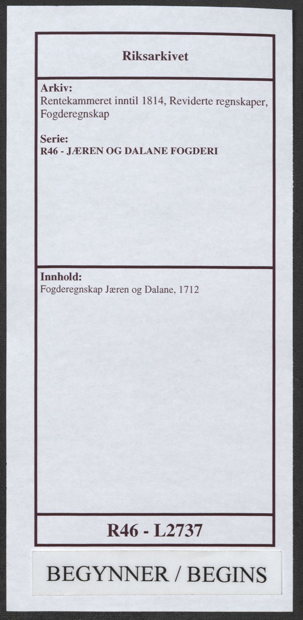 Rentekammeret inntil 1814, Reviderte regnskaper, Fogderegnskap, AV/RA-EA-4092/R46/L2737: Fogderegnskap Jæren og Dalane, 1712, s. 1