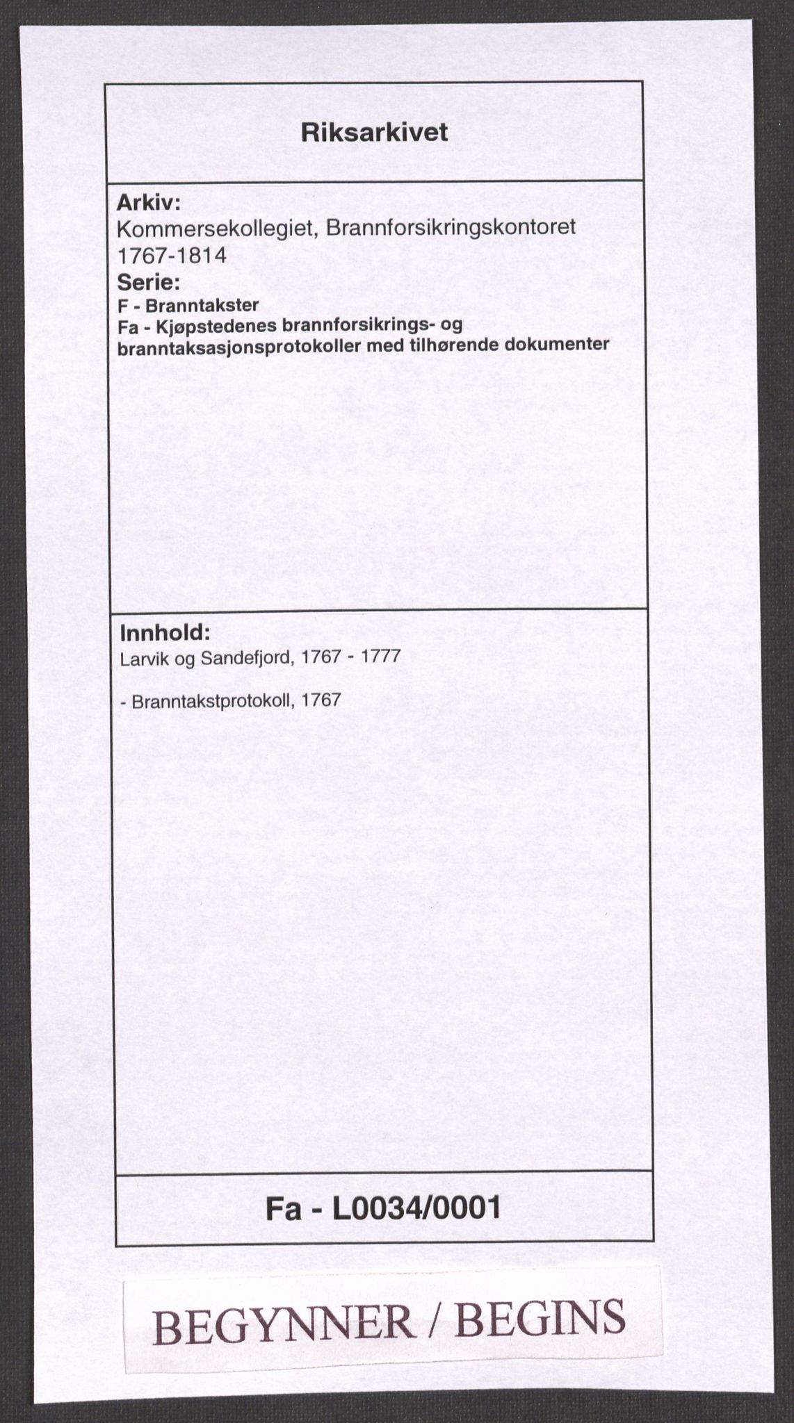 Kommersekollegiet, Brannforsikringskontoret 1767-1814, RA/EA-5458/F/Fa/L0034/0001: Larvik og Sandefjord / Branntakstprotokoll, 1765