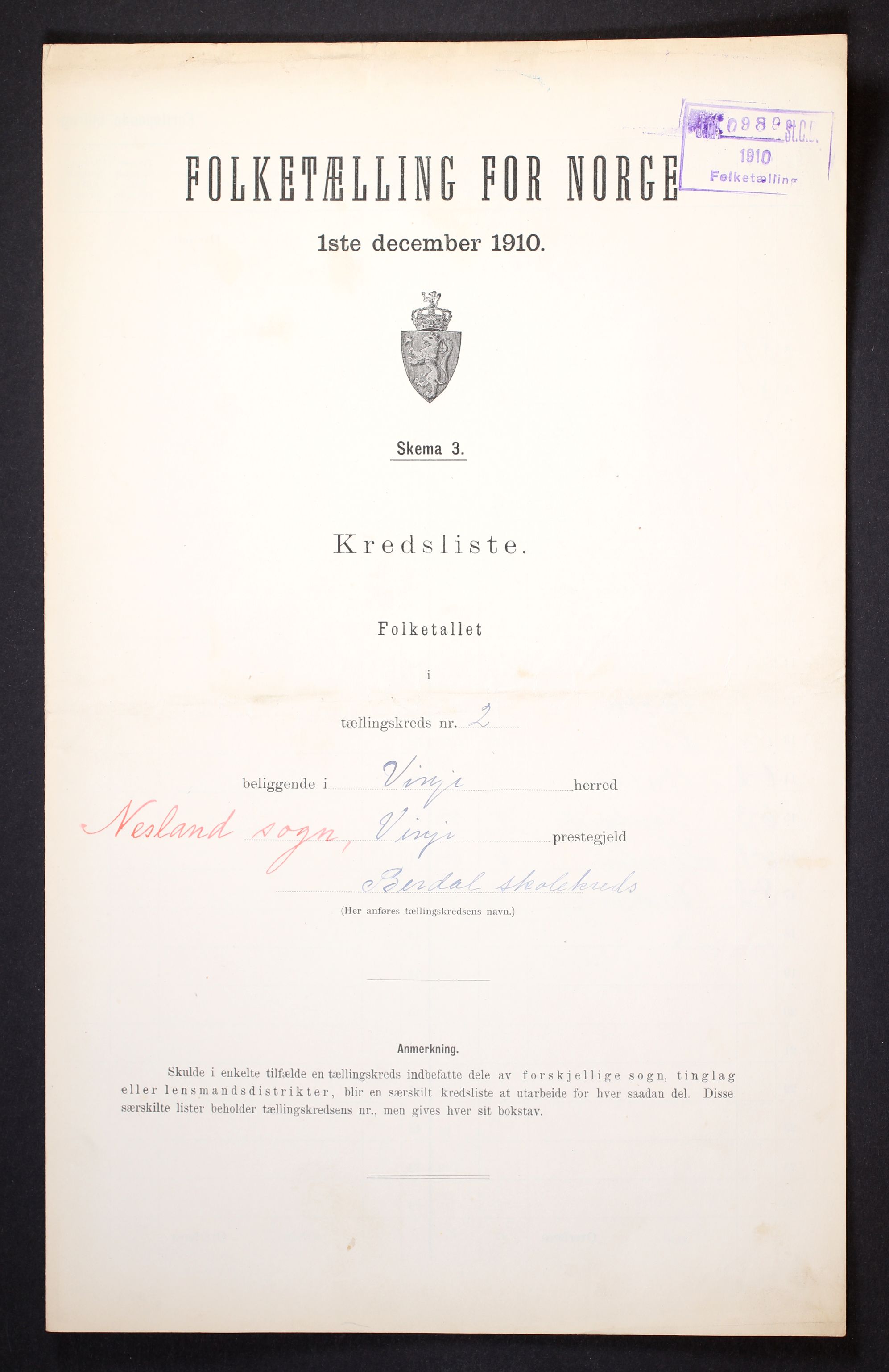 RA, Folketelling 1910 for 0834 Vinje herred, 1910, s. 7