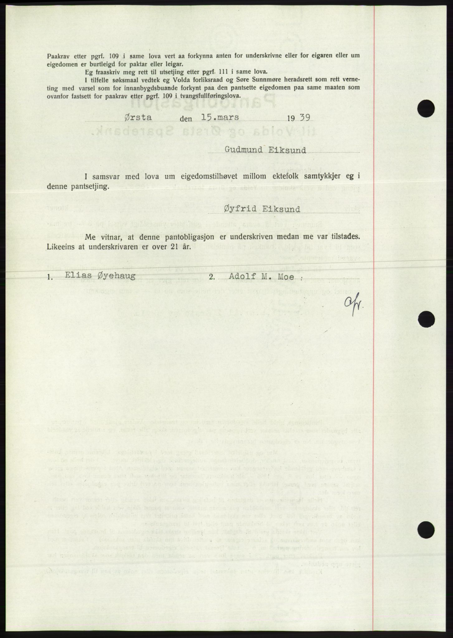 Søre Sunnmøre sorenskriveri, AV/SAT-A-4122/1/2/2C/L0067: Pantebok nr. 61, 1938-1939, Dagboknr: 422/1939