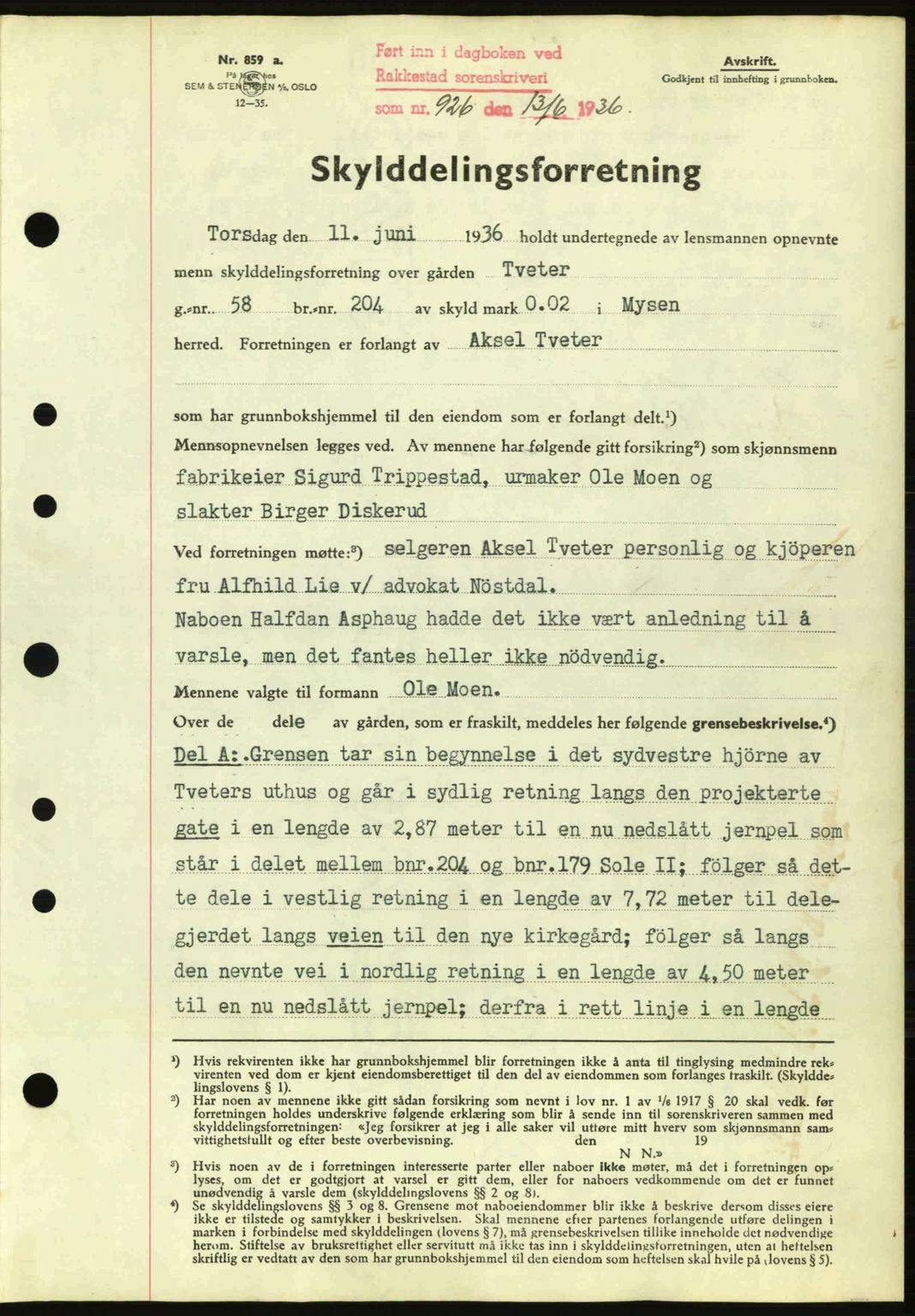 Rakkestad sorenskriveri, SAO/A-10686/G/Gb/Gba/Gbab/L0001: Pantebok nr. A1, 1936-1937, Dagboknr: 926/1936