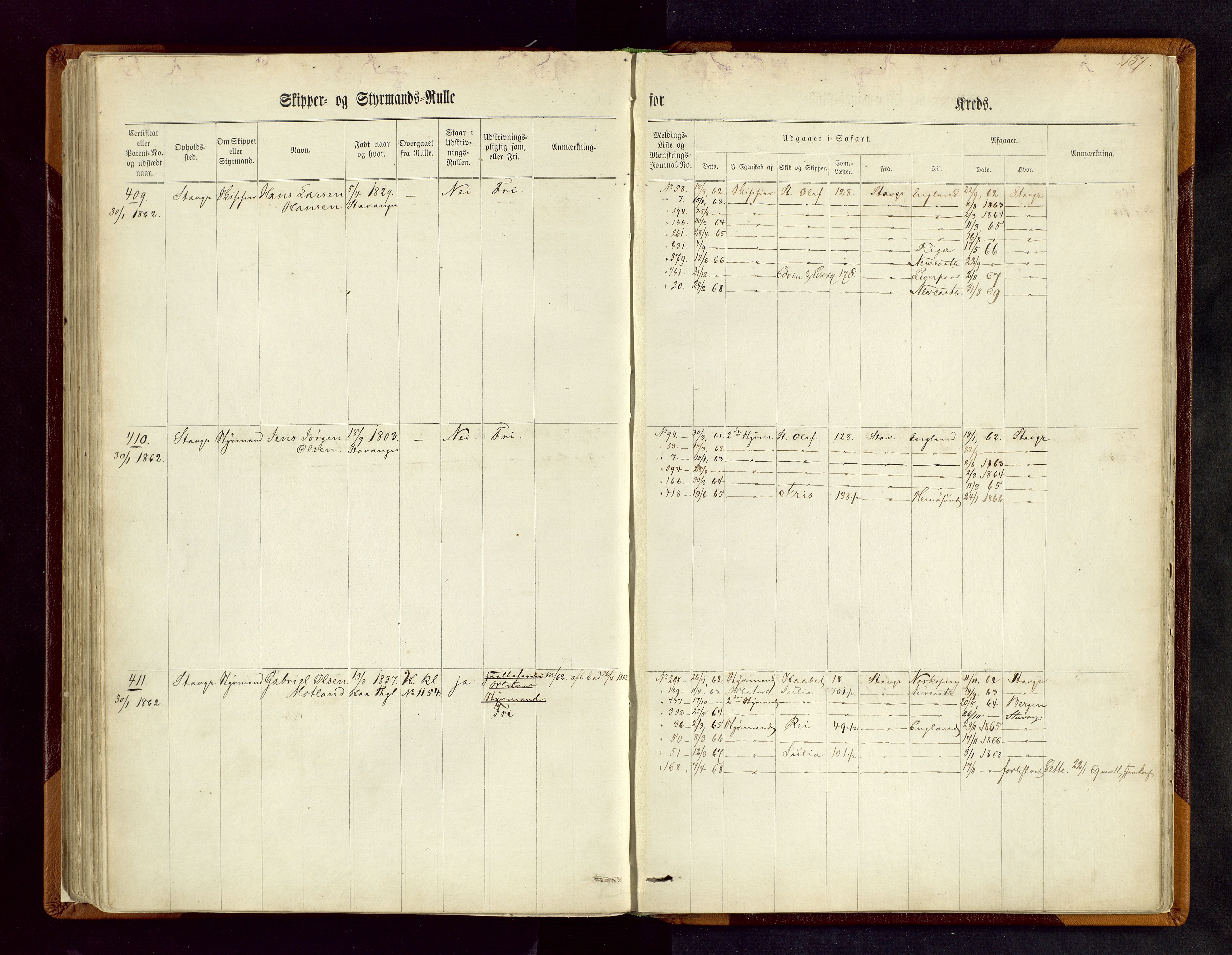 Stavanger sjømannskontor, AV/SAST-A-102006/F/Fc/L0001: Skipper- og styrmannsrulle, patentnr. 1-518, 1860, s. 137