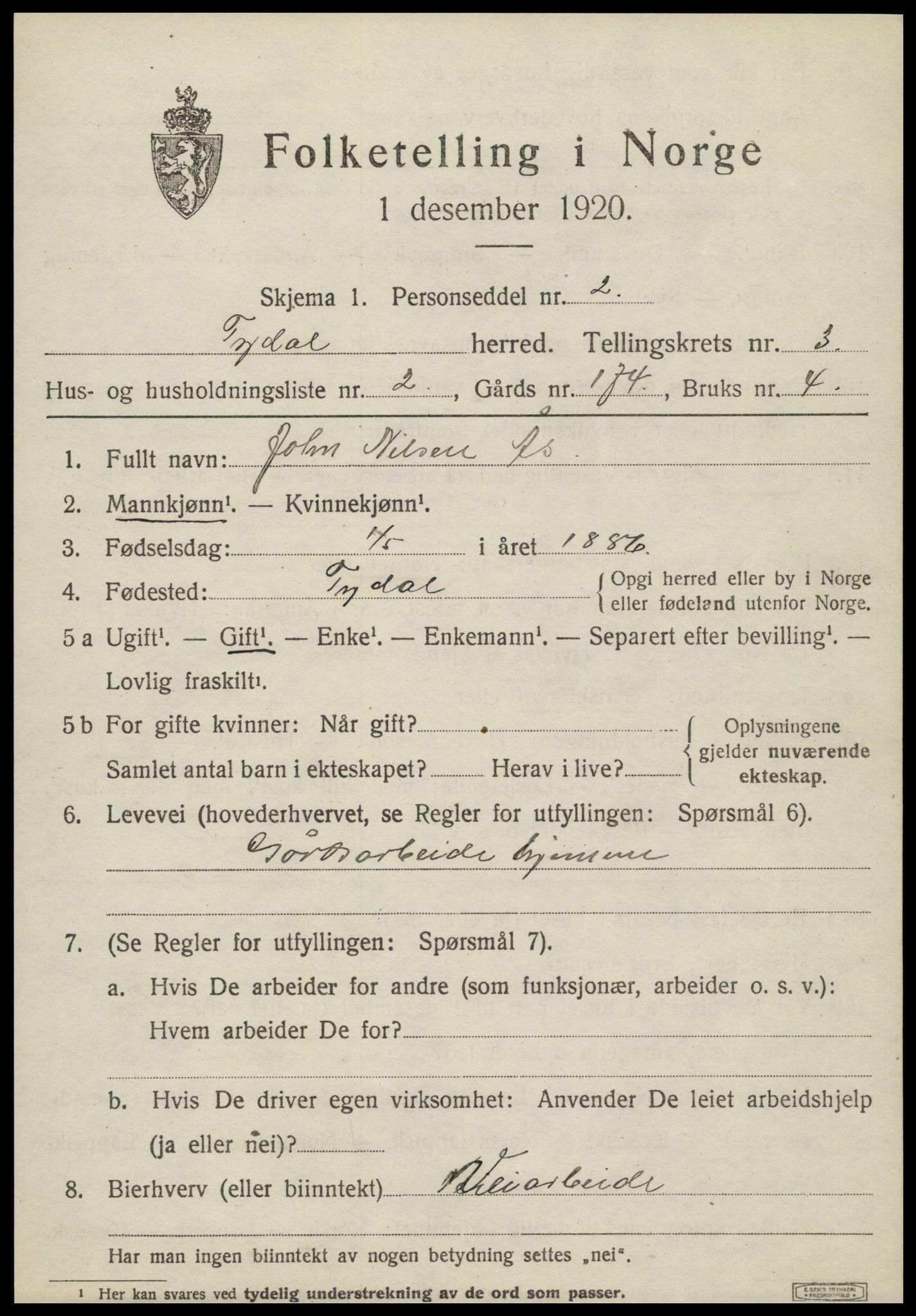 SAT, Folketelling 1920 for 1665 Tydal herred, 1920, s. 885