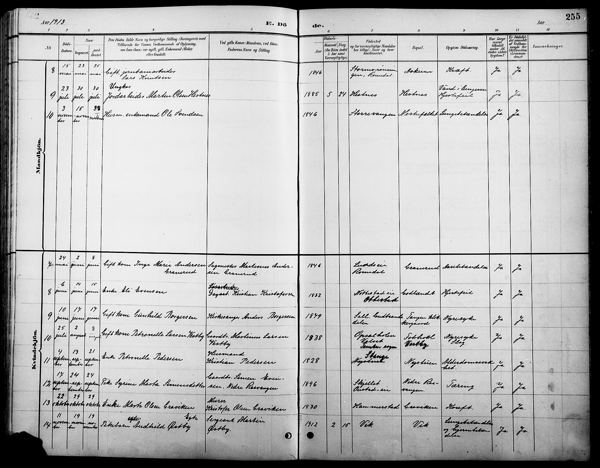 Stange prestekontor, AV/SAH-PREST-002/L/L0011: Klokkerbok nr. 11, 1895-1917, s. 255