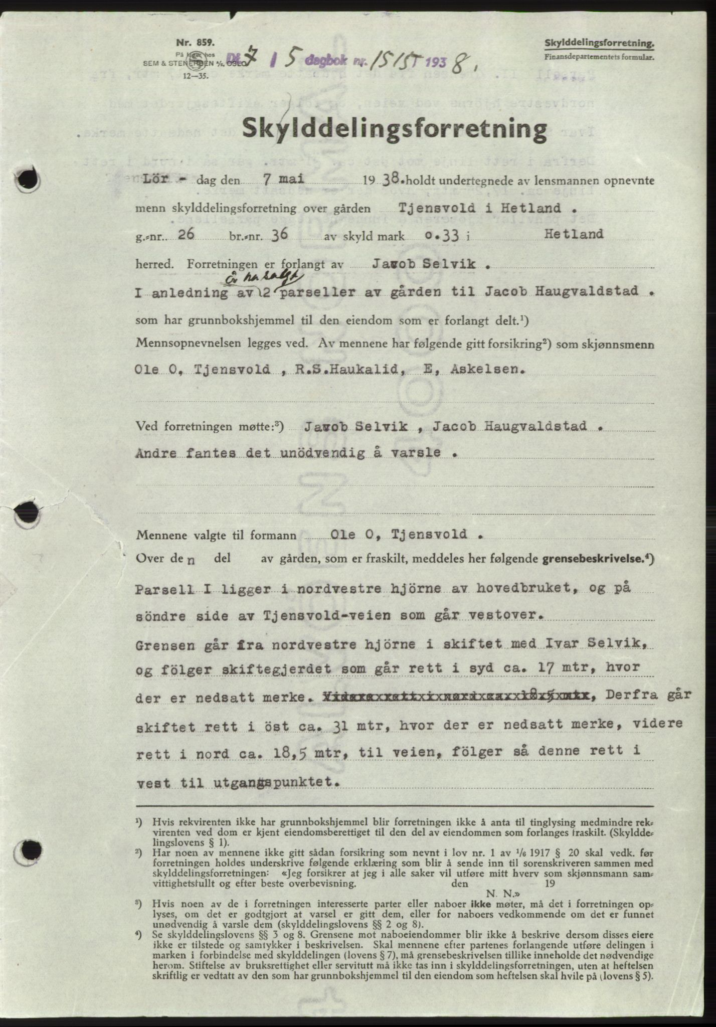 Jæren sorenskriveri, SAST/A-100310/03/G/Gba/L0071: Pantebok, 1938-1938, Dagboknr: 1515/1938
