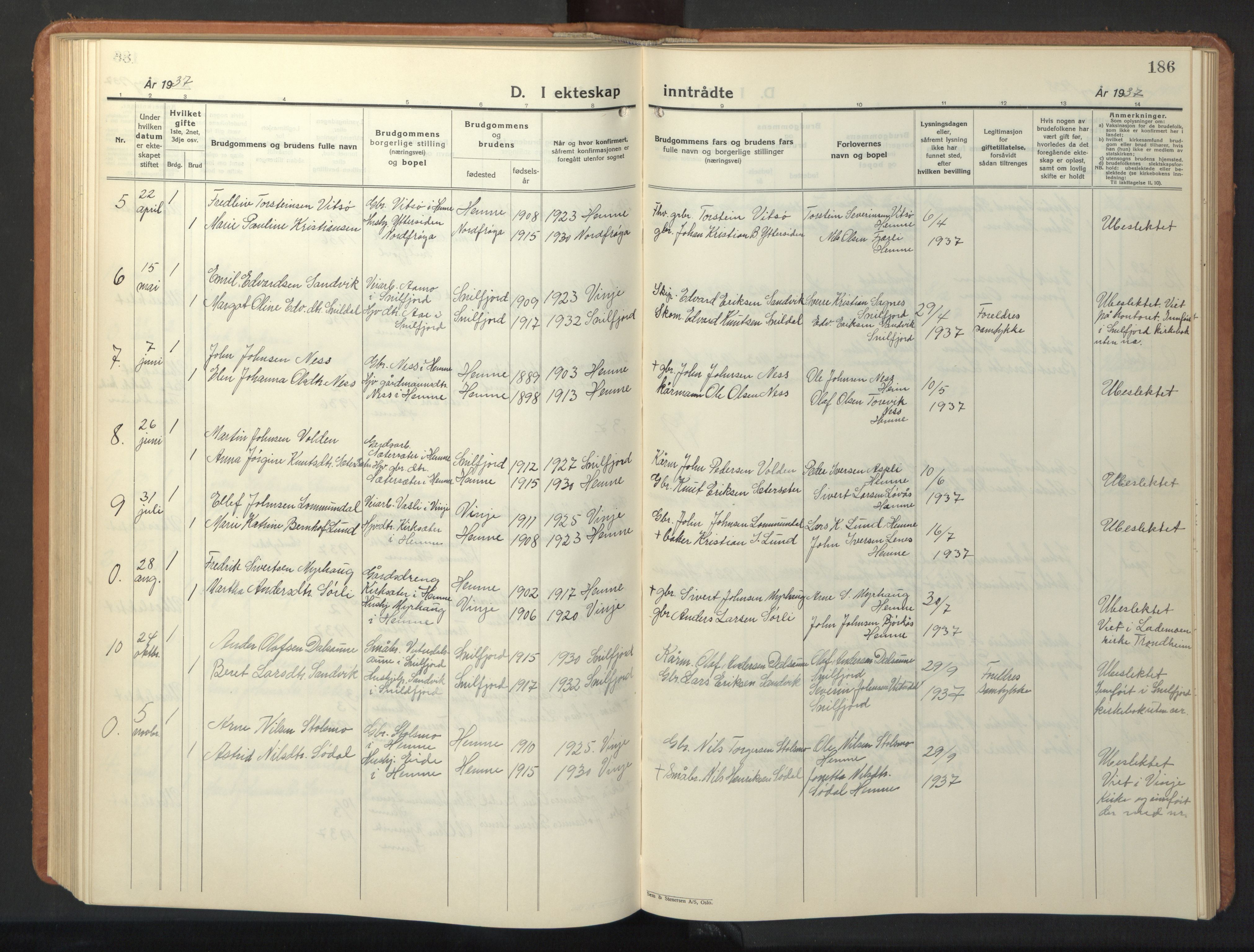 Ministerialprotokoller, klokkerbøker og fødselsregistre - Sør-Trøndelag, AV/SAT-A-1456/630/L0508: Klokkerbok nr. 630C06, 1933-1950, s. 186