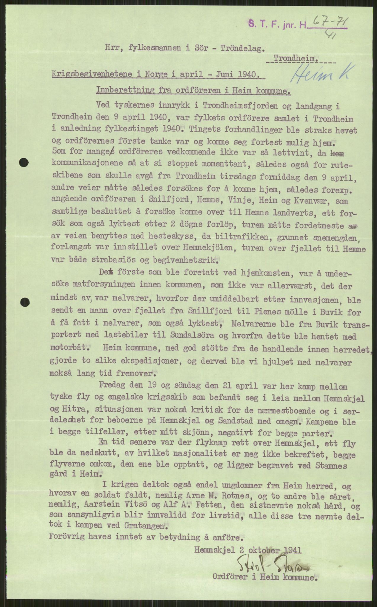 Forsvaret, Forsvarets krigshistoriske avdeling, AV/RA-RAFA-2017/Y/Ya/L0016: II-C-11-31 - Fylkesmenn.  Rapporter om krigsbegivenhetene 1940., 1940, s. 60