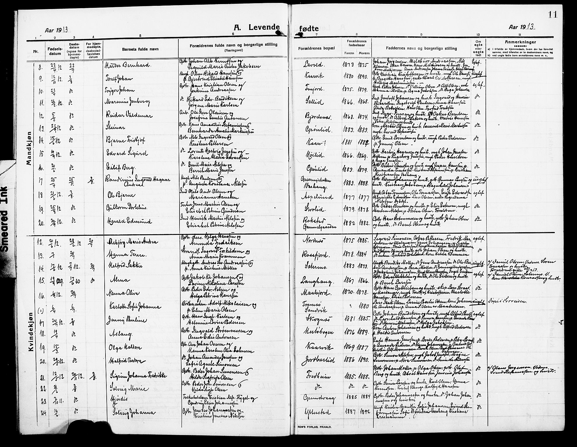 Lenvik sokneprestembete, AV/SATØ-S-1310/H/Ha/Hab/L0009klokker: Klokkerbok nr. 9, 1912-1926, s. 11