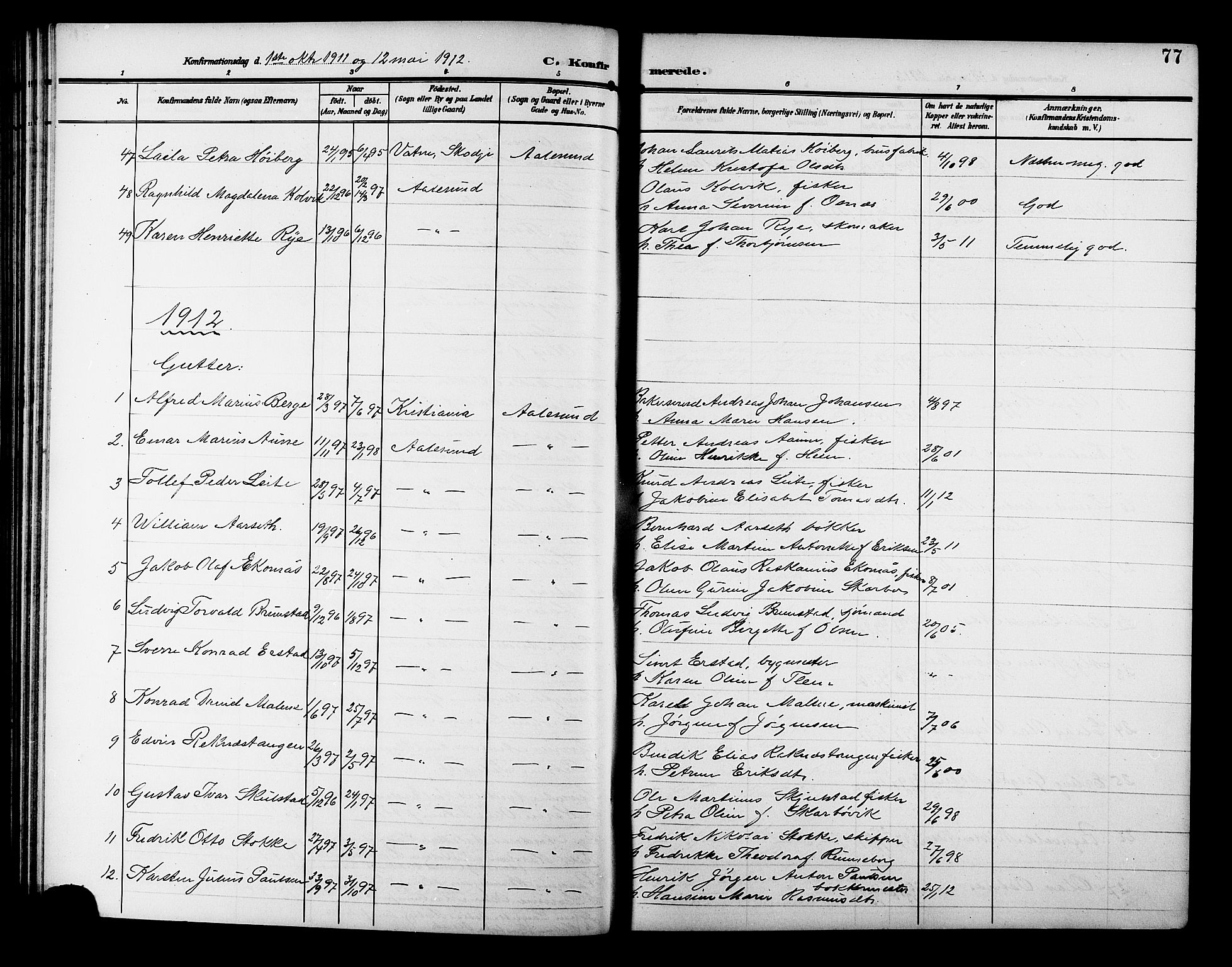 Ministerialprotokoller, klokkerbøker og fødselsregistre - Møre og Romsdal, SAT/A-1454/529/L0470: Klokkerbok nr. 529C07, 1907-1917, s. 77