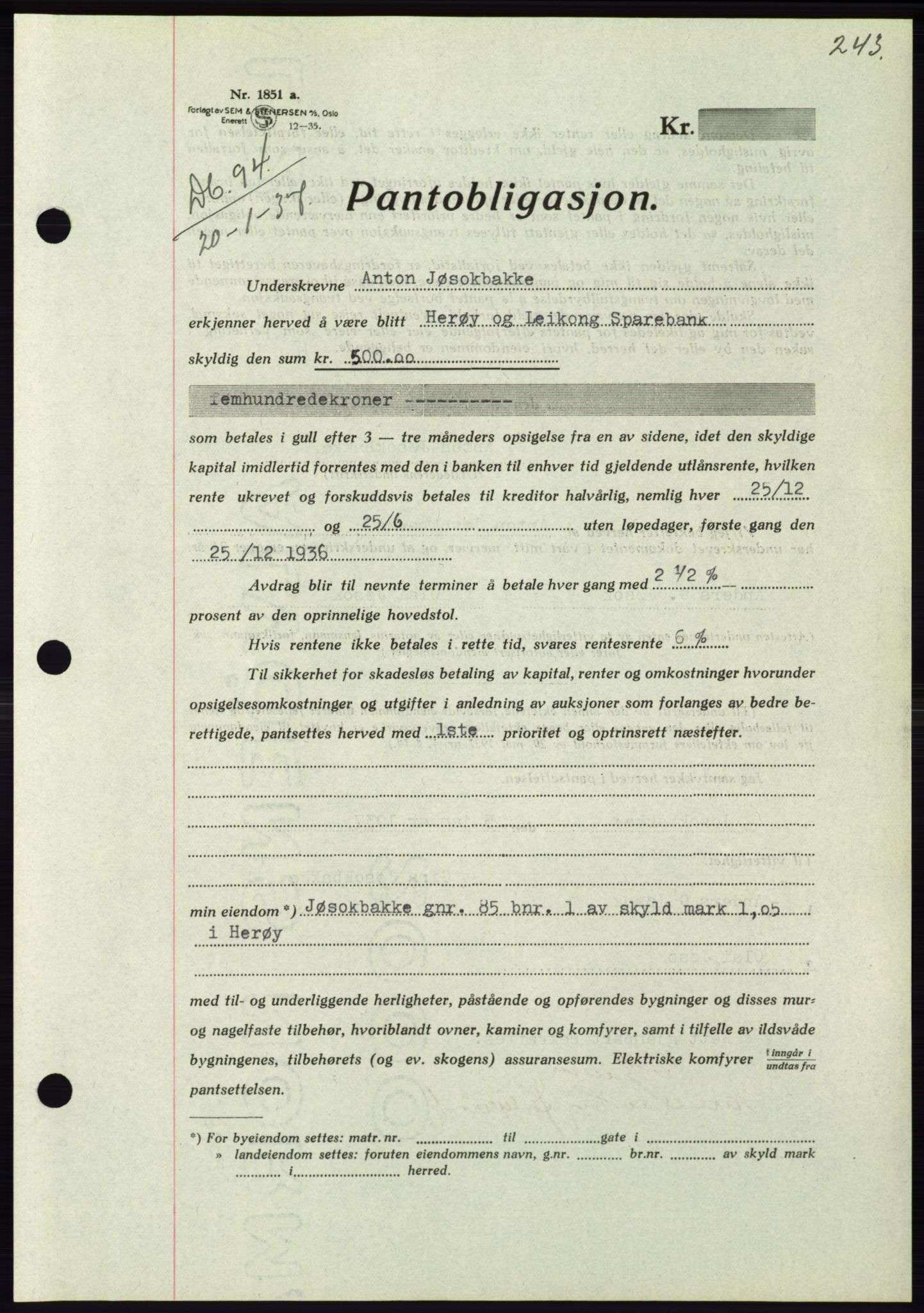 Søre Sunnmøre sorenskriveri, AV/SAT-A-4122/1/2/2C/L0062: Pantebok nr. 56, 1936-1937, Dagboknr: 94/1937