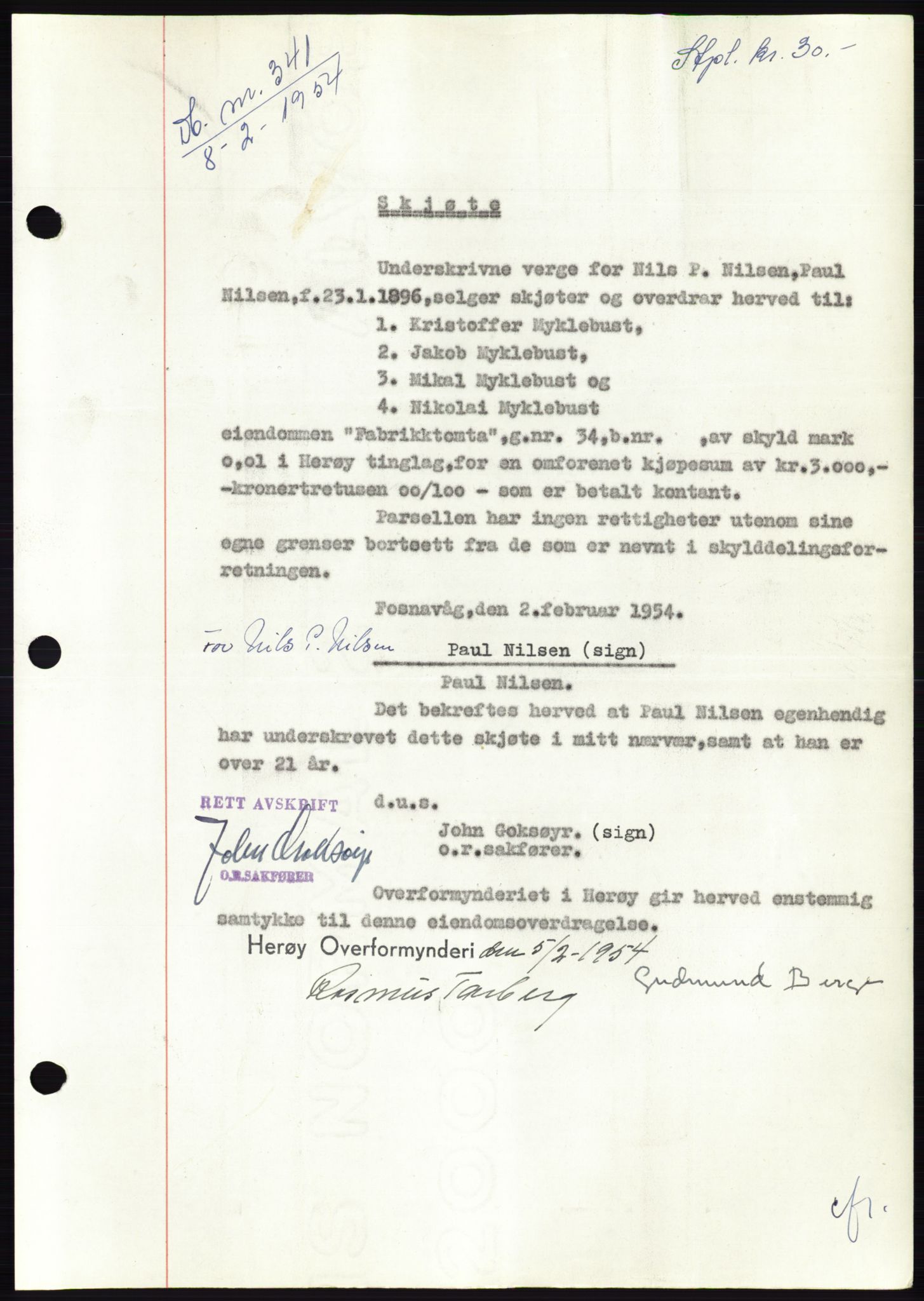 Søre Sunnmøre sorenskriveri, AV/SAT-A-4122/1/2/2C/L0097: Pantebok nr. 23A, 1954-1954, Dagboknr: 341/1954