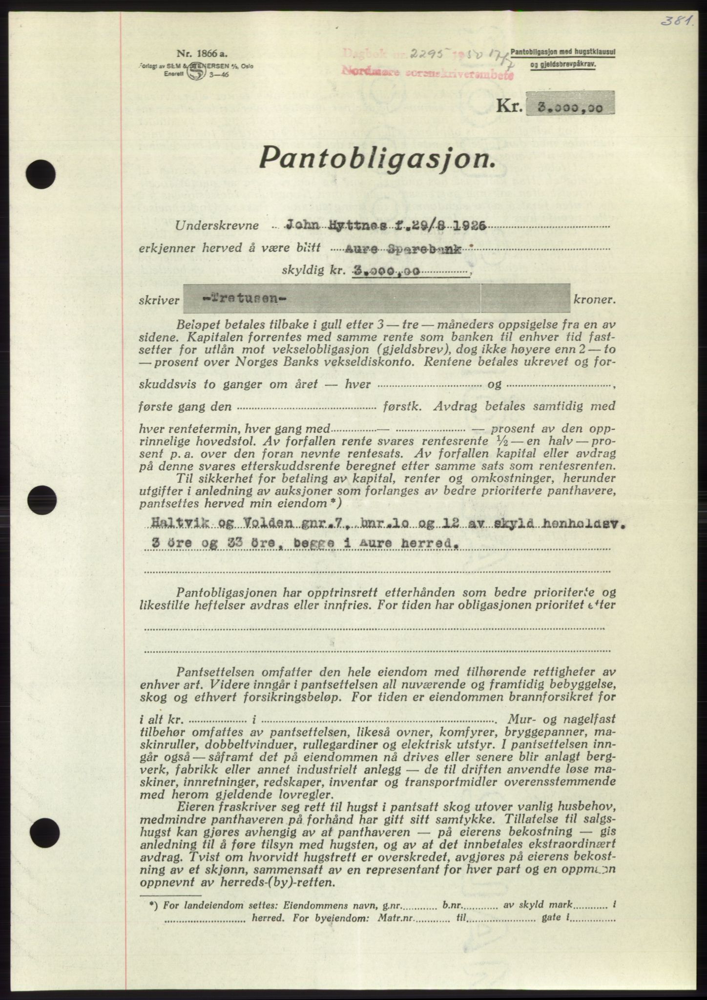 Nordmøre sorenskriveri, AV/SAT-A-4132/1/2/2Ca: Pantebok nr. B105, 1950-1950, Dagboknr: 2295/1950