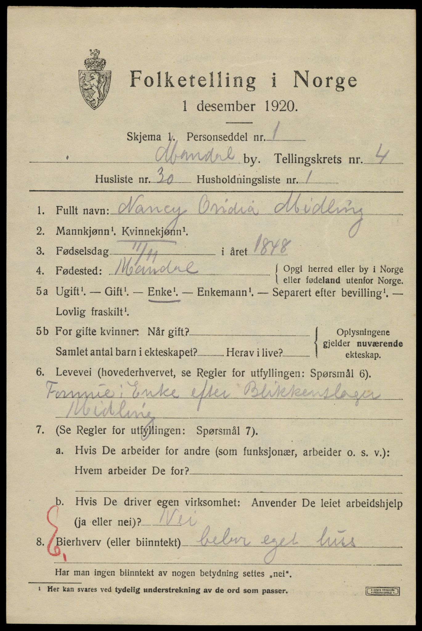 SAK, Folketelling 1920 for 1002 Mandal ladested, 1920, s. 7303