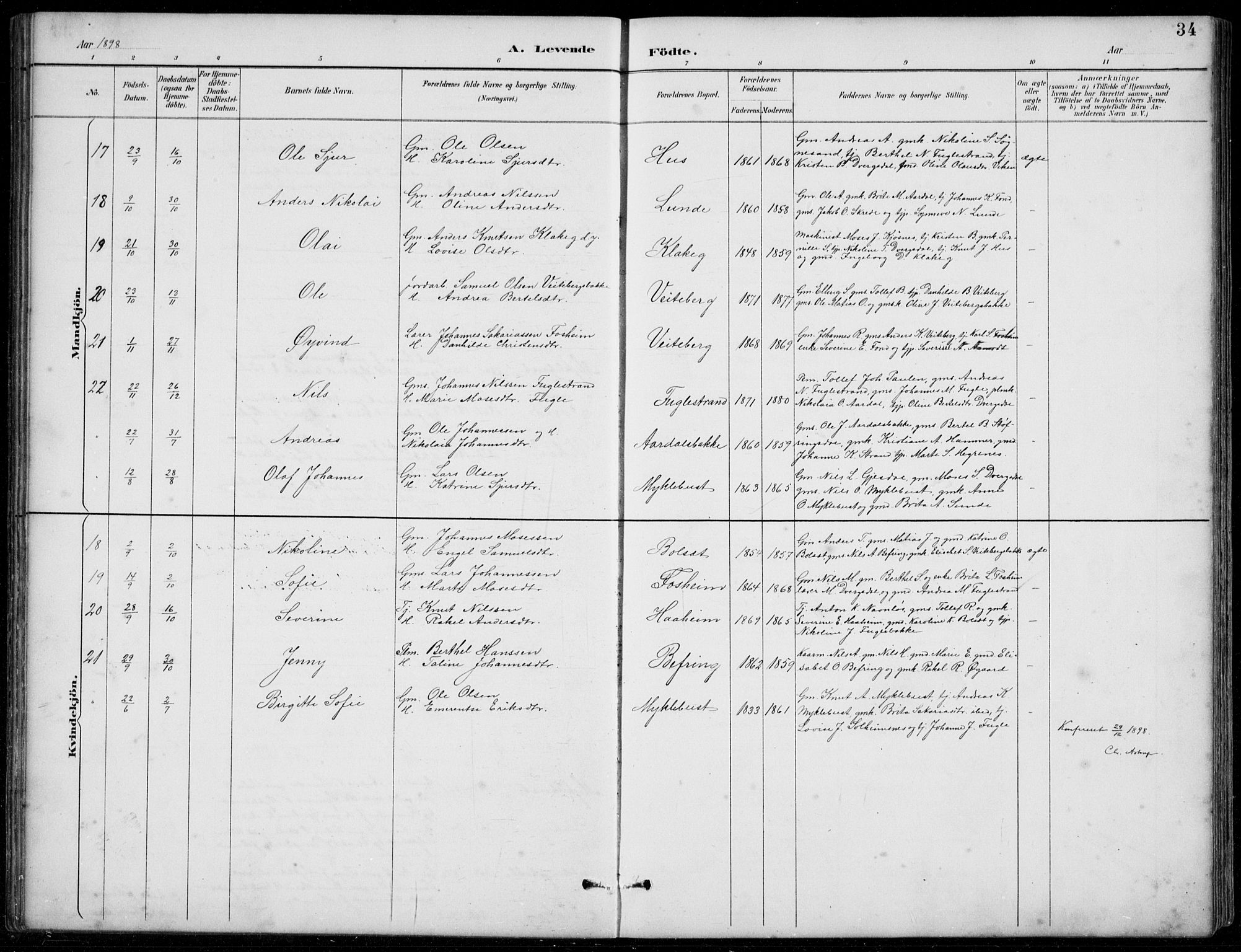 Jølster sokneprestembete, AV/SAB-A-80701/H/Hab/Habb/L0002: Klokkerbok nr. B 2, 1887-1920, s. 34