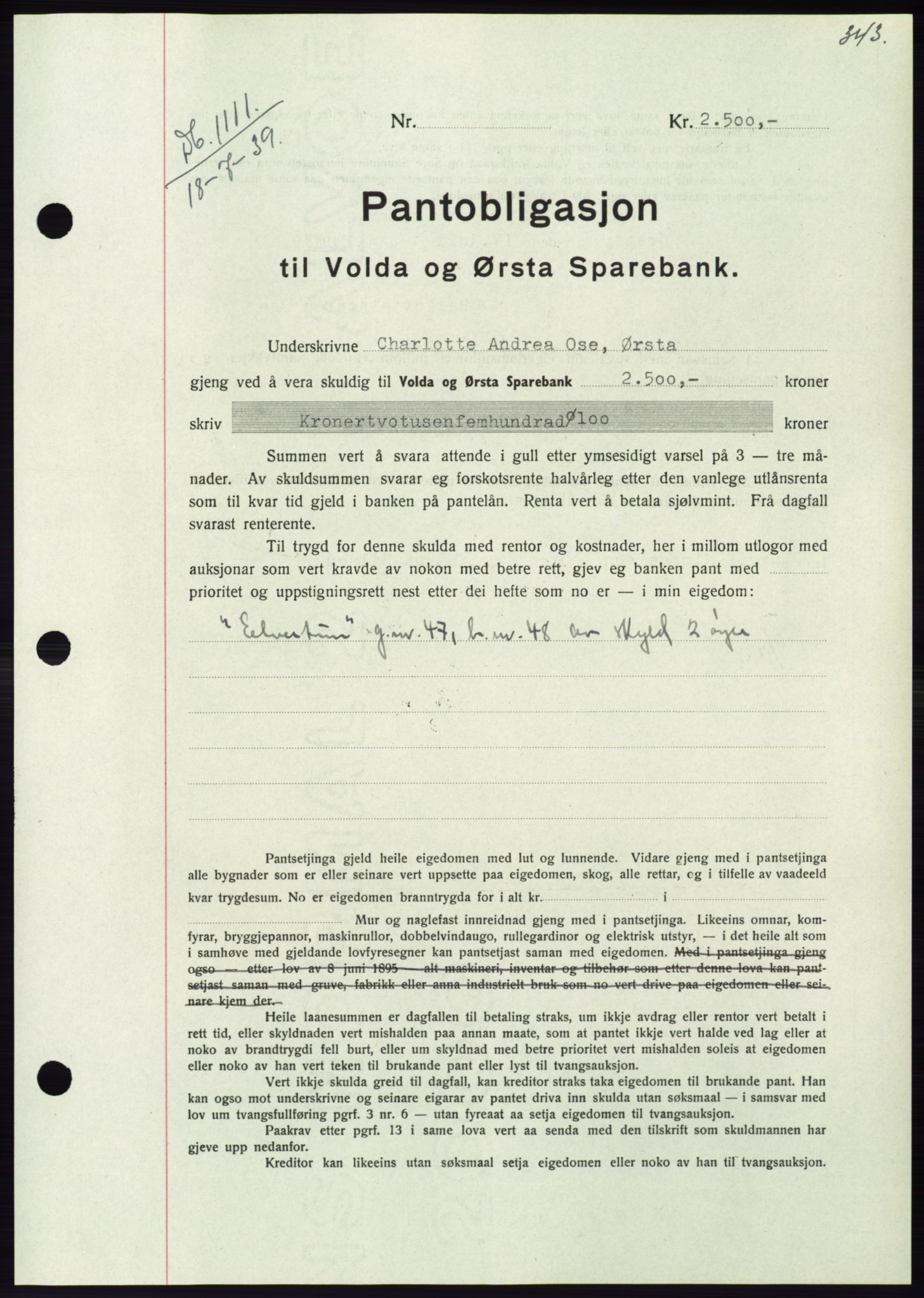 Søre Sunnmøre sorenskriveri, AV/SAT-A-4122/1/2/2C/L0068: Pantebok nr. 62, 1939-1939, Dagboknr: 1111/1939