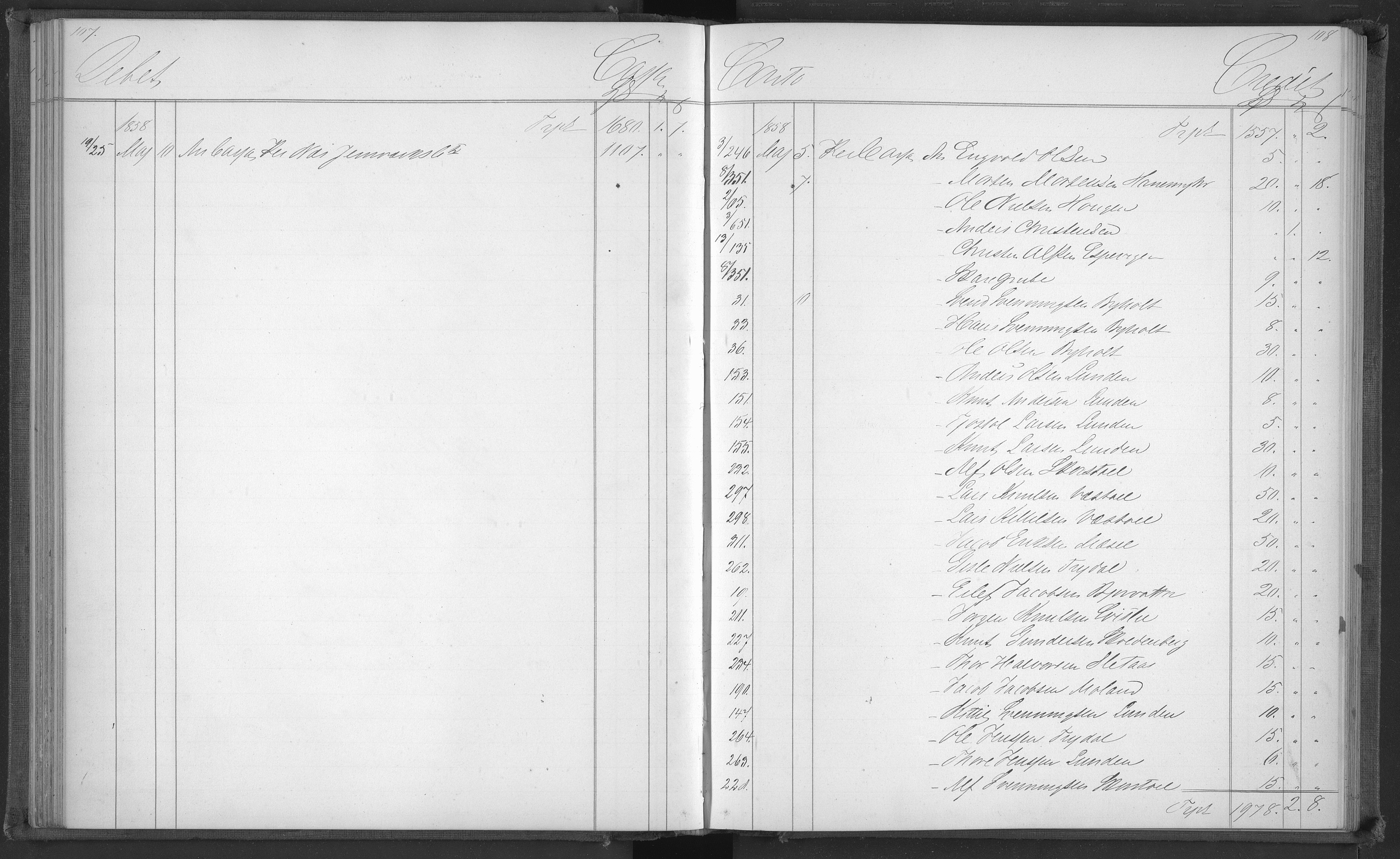 Egelands Jernverk, AAKS/PA-1907/01/L0018: Kassebok, 1856-1860, s. 107-108