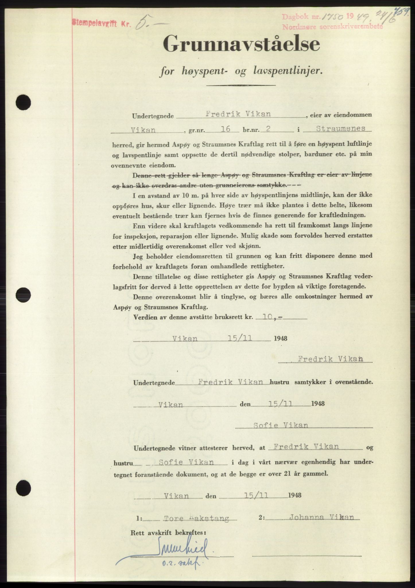Nordmøre sorenskriveri, SAT/A-4132/1/2/2Ca: Pantebok nr. B101, 1949-1949, Dagboknr: 1750/1949