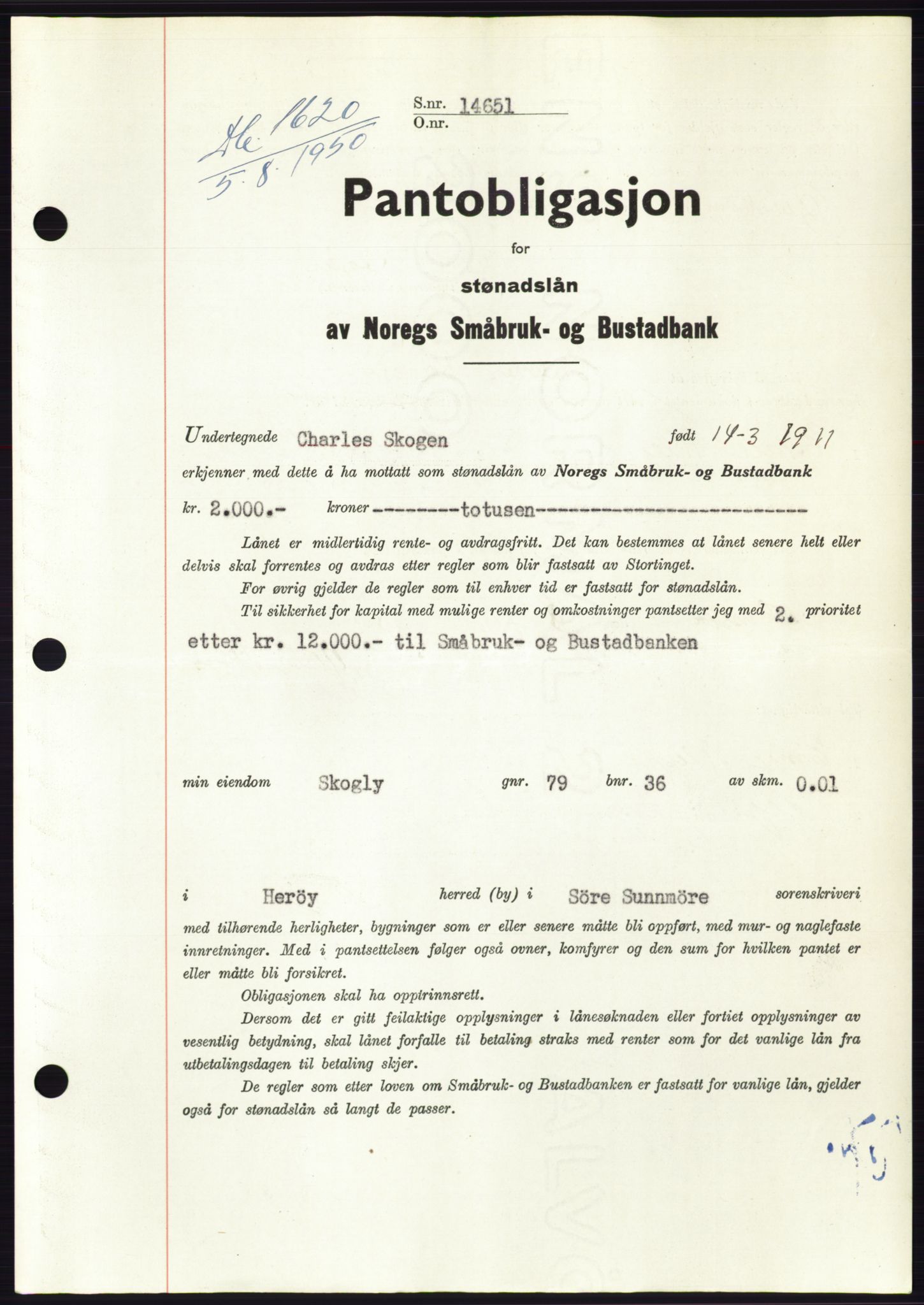 Søre Sunnmøre sorenskriveri, AV/SAT-A-4122/1/2/2C/L0119: Pantebok nr. 7B, 1950-1951, Dagboknr: 1620/1950