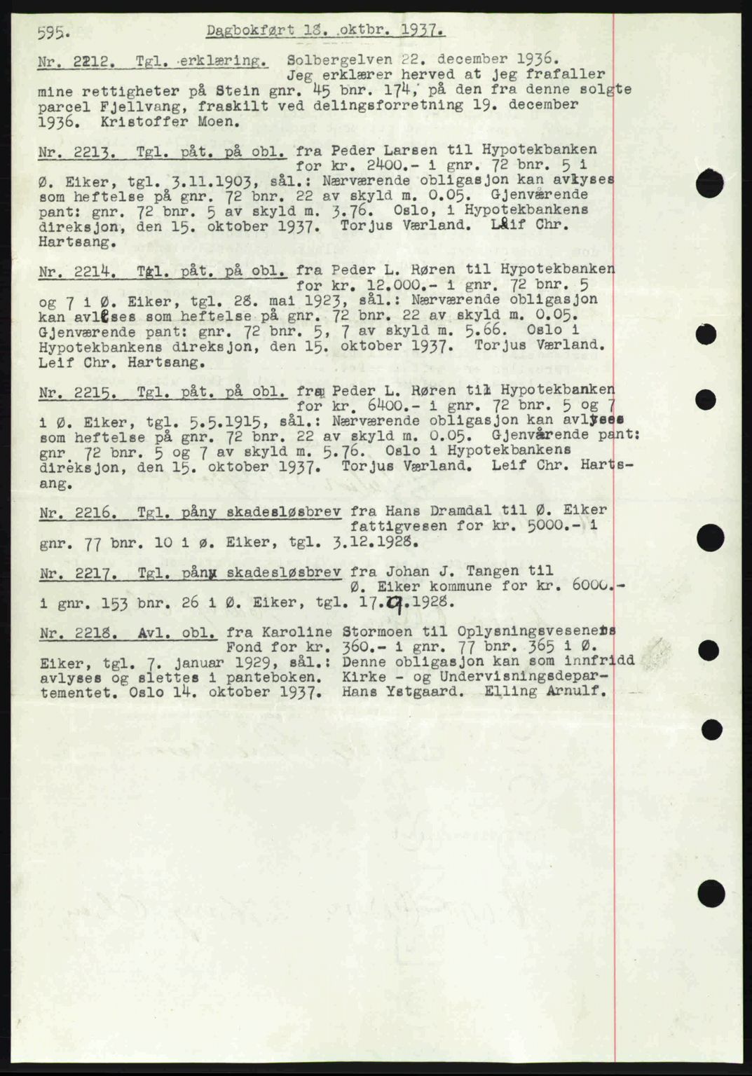 Eiker, Modum og Sigdal sorenskriveri, SAKO/A-123/G/Ga/Gab/L0036: Pantebok nr. A6, 1937-1937, Dagboknr: 2212/1937
