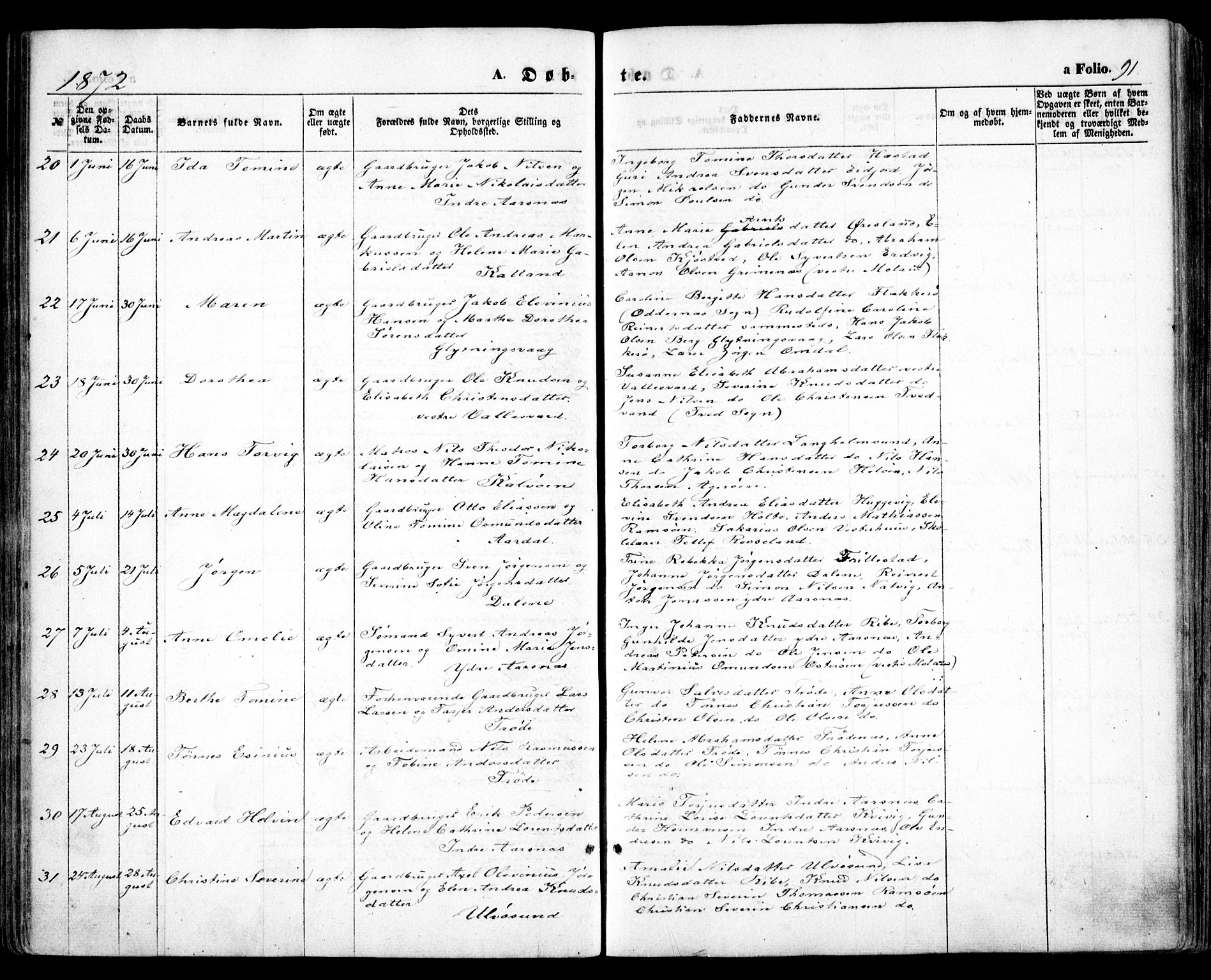 Høvåg sokneprestkontor, SAK/1111-0025/F/Fa/L0004: Ministerialbok nr. A 4, 1859-1877, s. 91