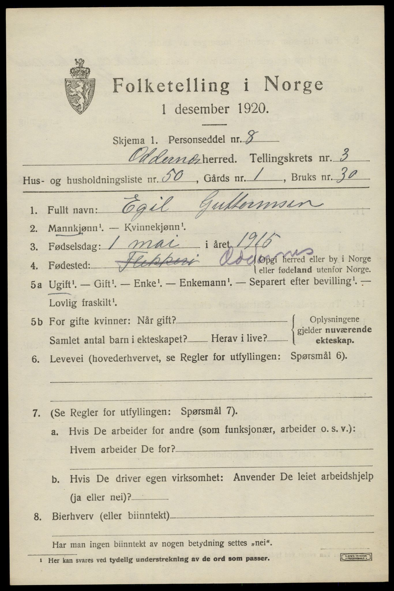 SAK, Folketelling 1920 for 1012 Oddernes herred, 1920, s. 3907
