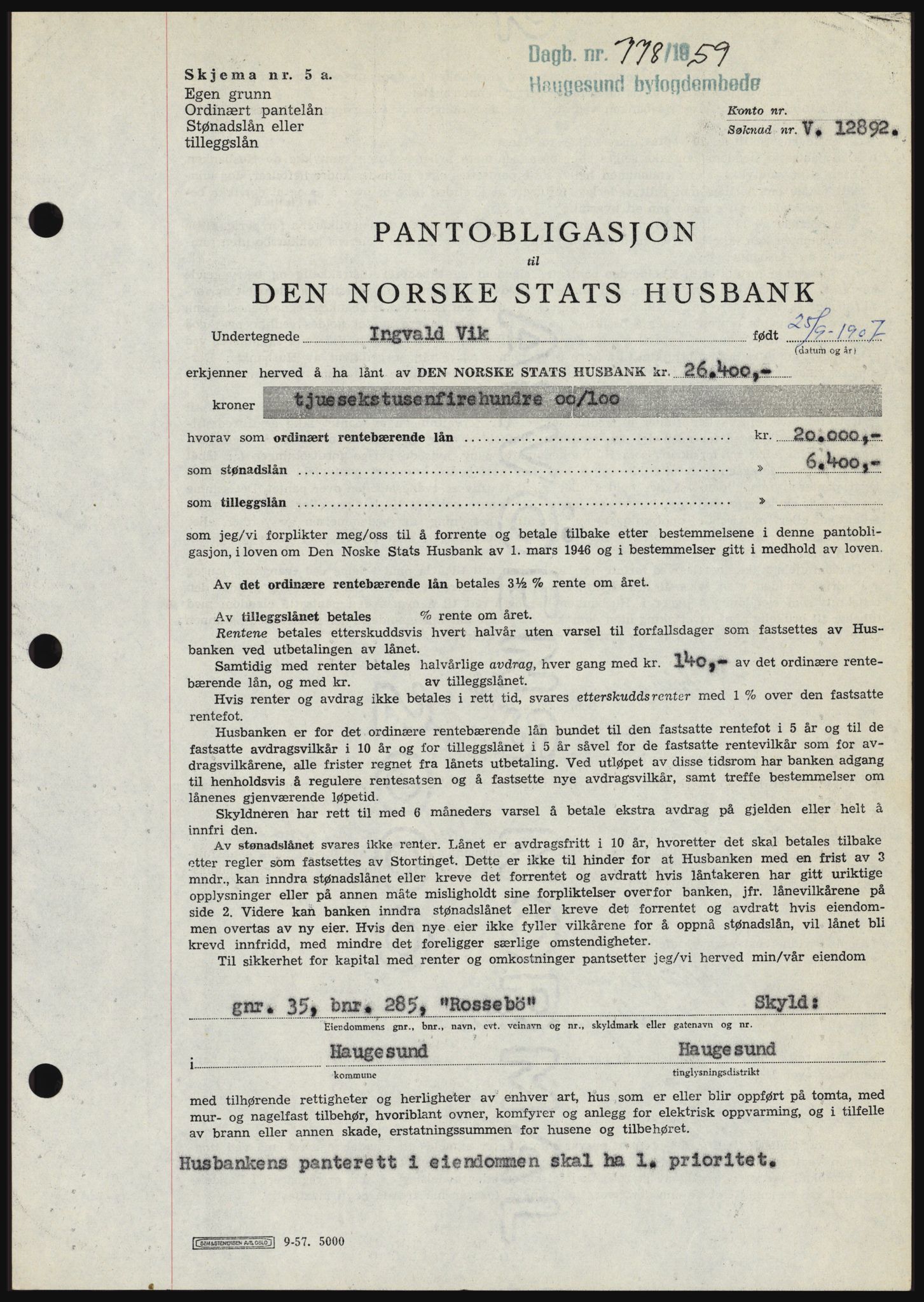 Haugesund tingrett, SAST/A-101415/01/II/IIC/L0045: Pantebok nr. B 45, 1959-1959, Dagboknr: 778/1959