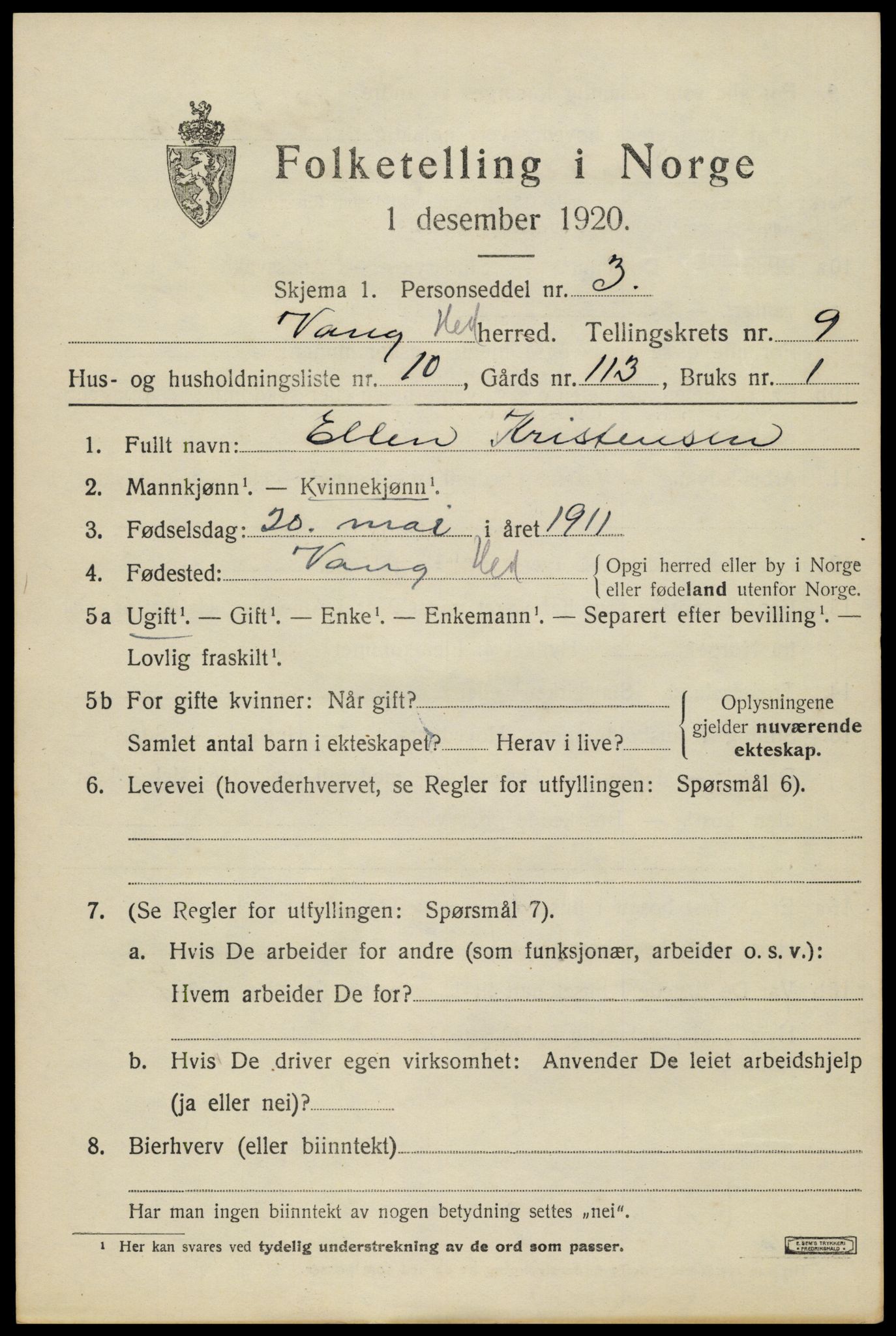 SAH, Folketelling 1920 for 0414 Vang herred, 1920, s. 18217