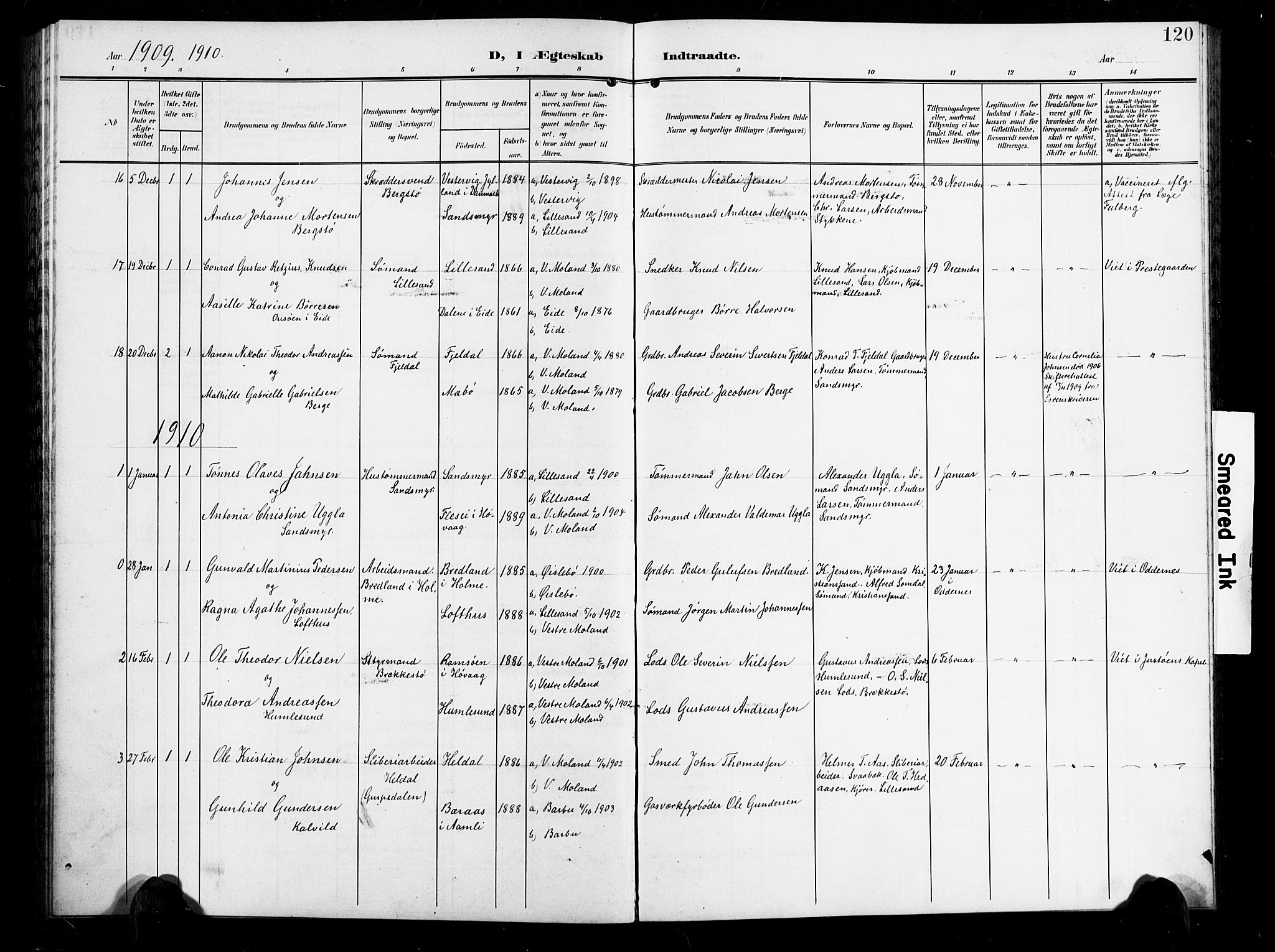 Vestre Moland sokneprestkontor, AV/SAK-1111-0046/F/Fb/Fbb/L0007: Klokkerbok nr. B 7, 1906-1929, s. 120