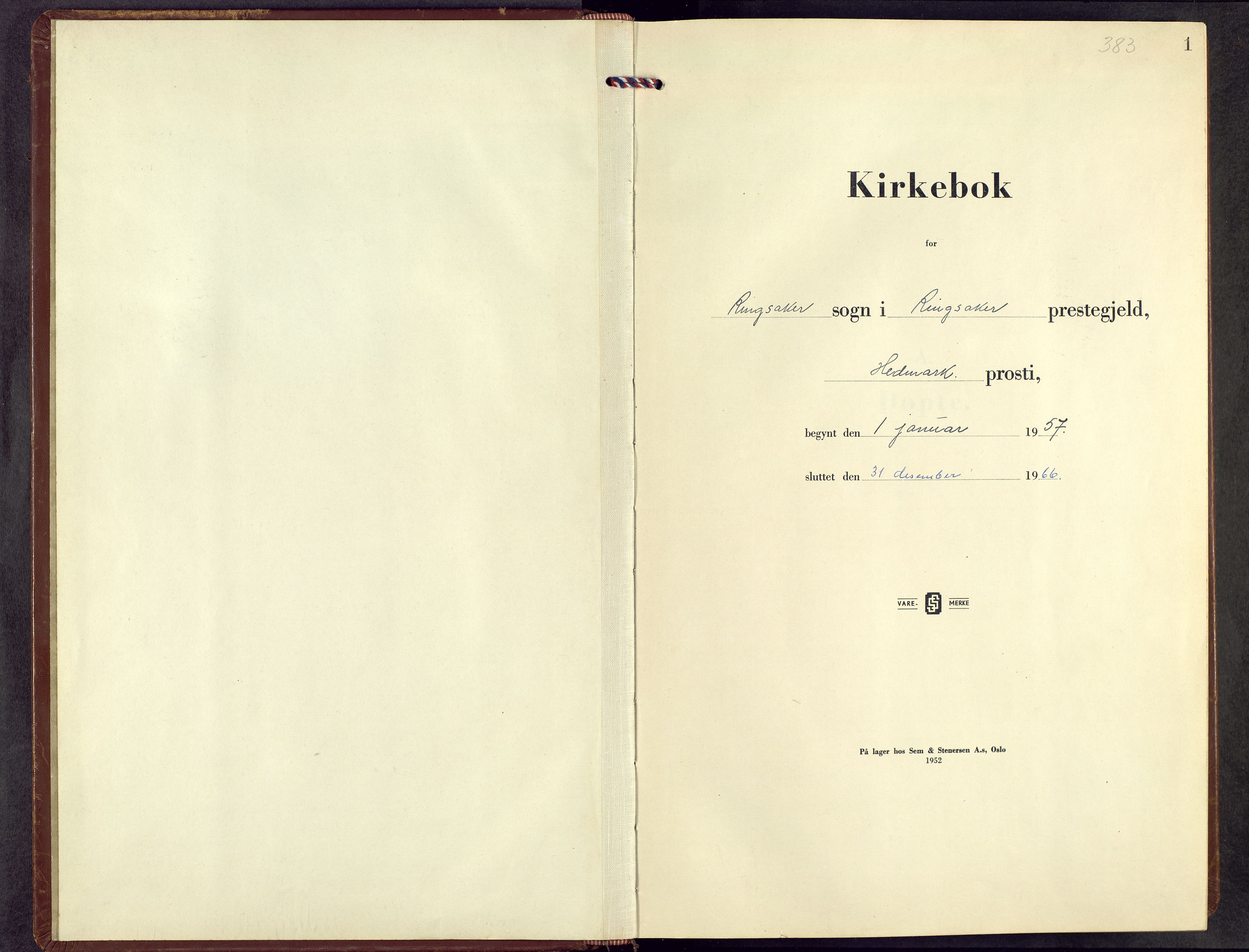 Ringsaker prestekontor, AV/SAH-PREST-014/L/La/L0022: Klokkerbok nr. 22, 1957-1966, s. 1