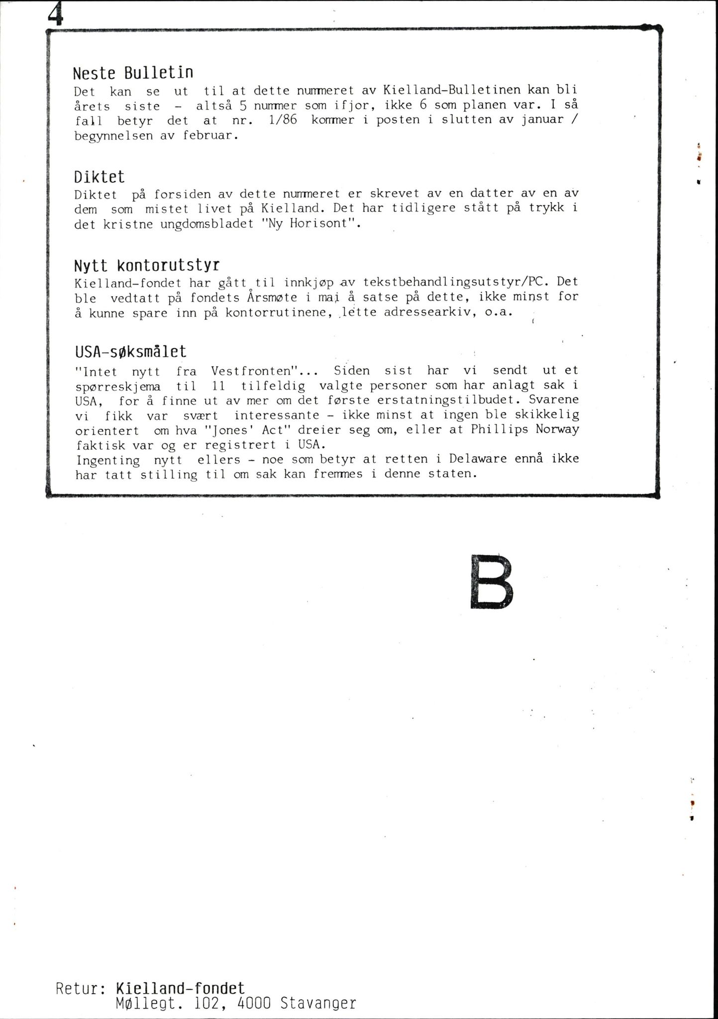 Pa 1660 - Kielland- fondet, AV/SAST-A-102242/X/Xa/L0001: Rapport til overlevende og etterlatte/ Kielland Bulletin, 1980-1998