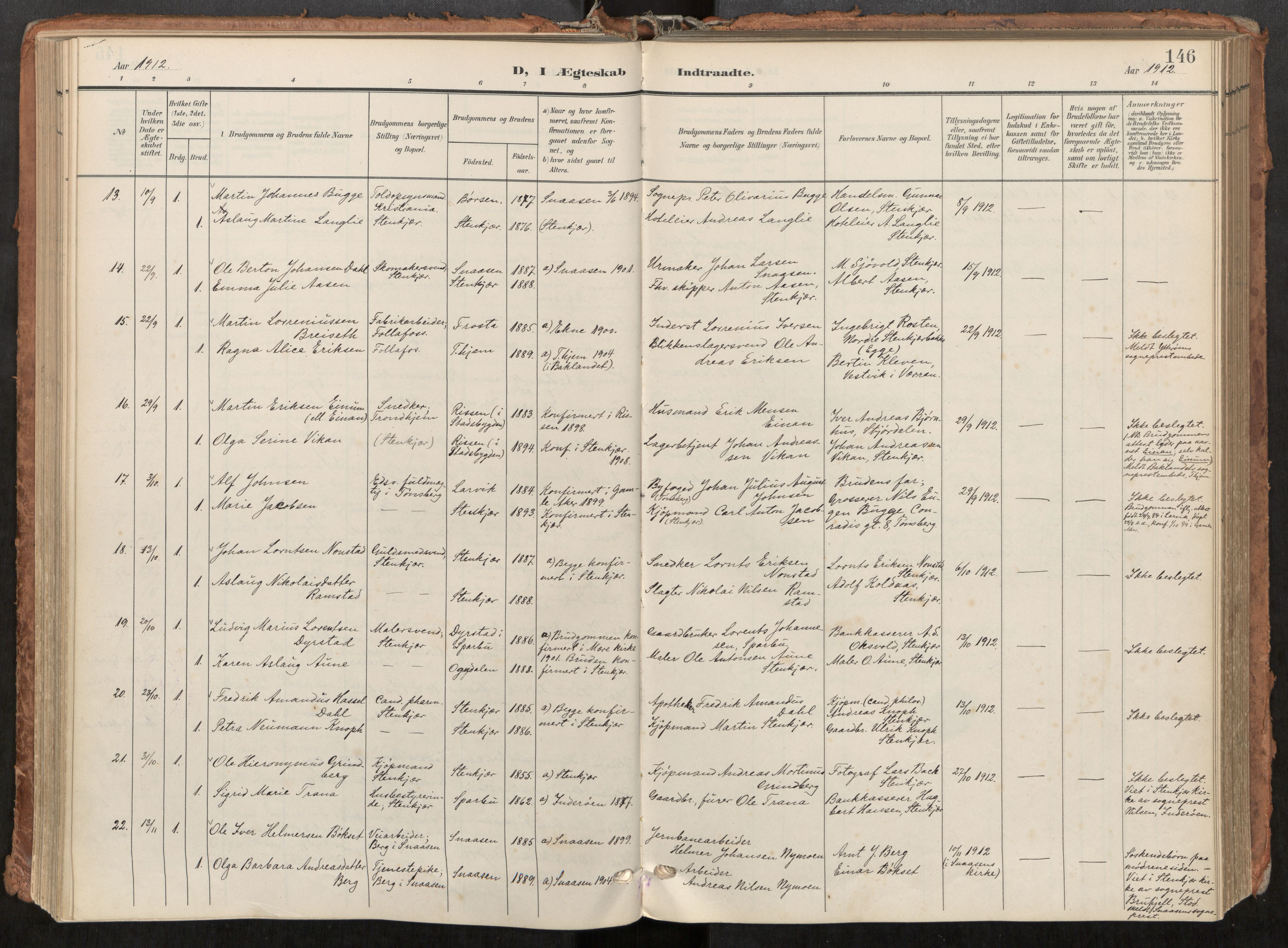 Steinkjer sokneprestkontor, AV/SAT-A-1541/01/H/Ha/Haa/L0001: Ministerialbok nr. 1, 1904-1912, s. 146