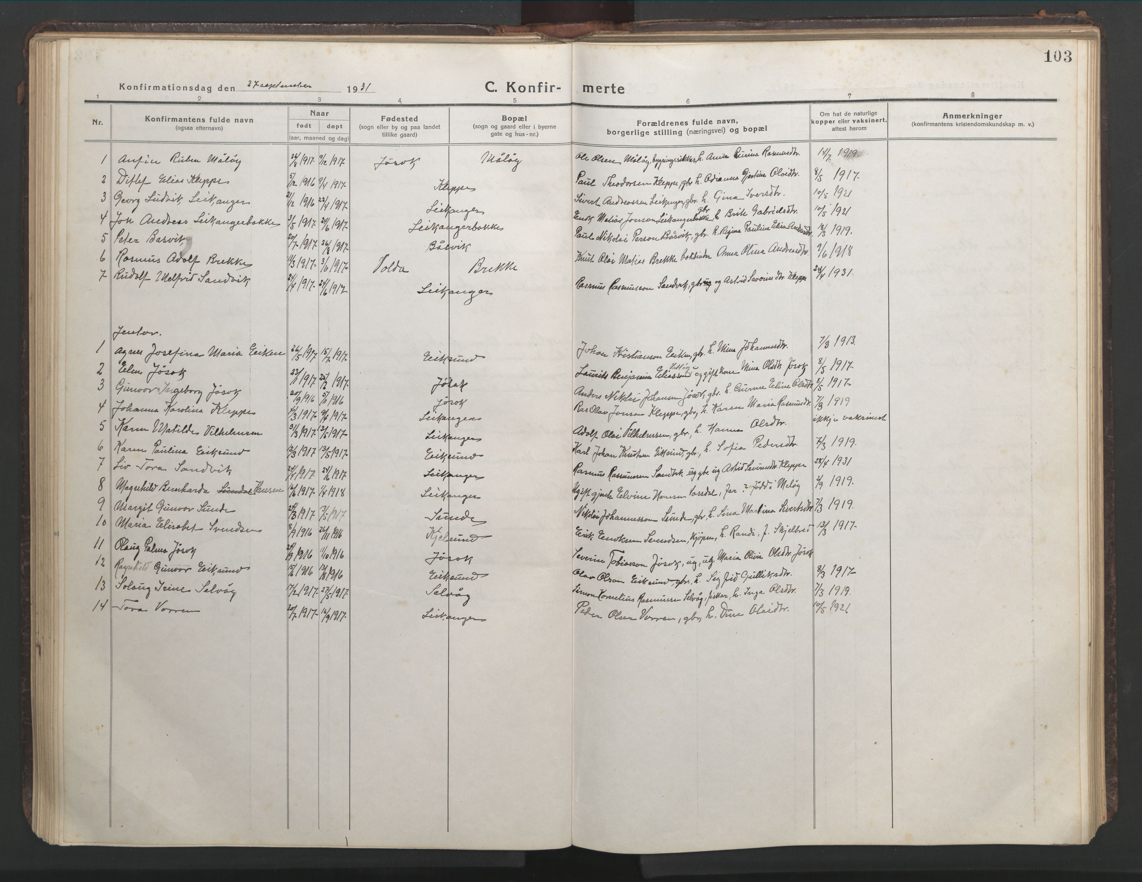 Ministerialprotokoller, klokkerbøker og fødselsregistre - Møre og Romsdal, SAT/A-1454/508/L0099: Klokkerbok nr. 508C03, 1917-1947, s. 103