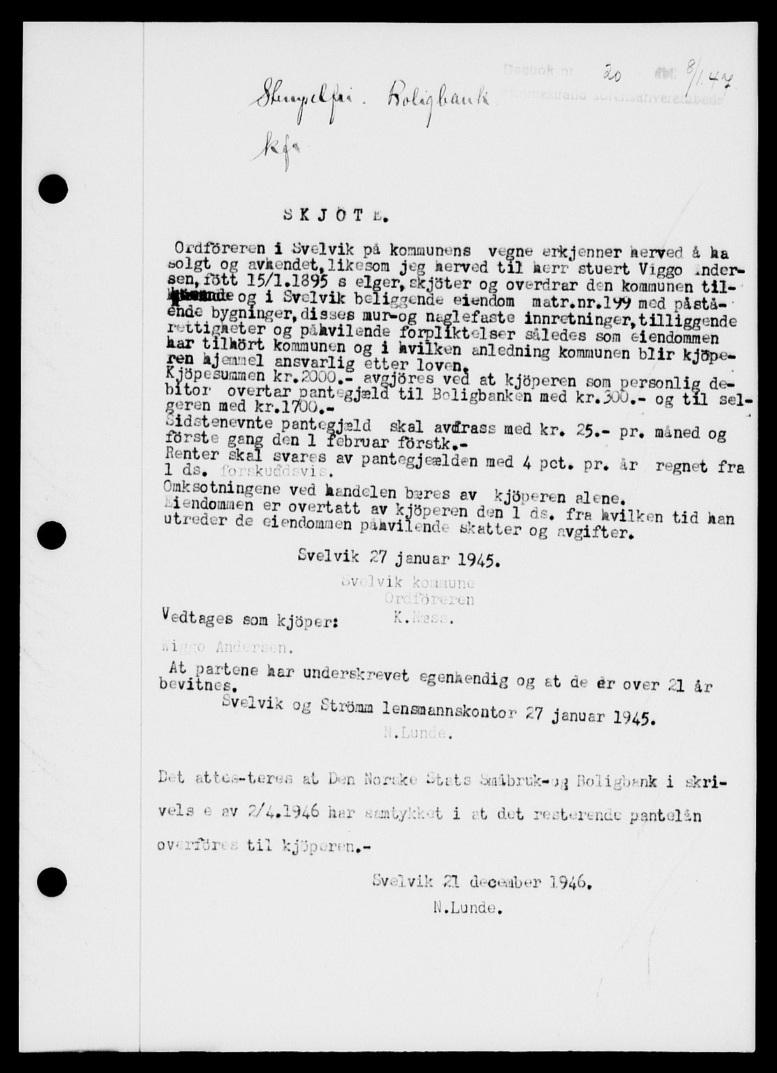 Holmestrand sorenskriveri, SAKO/A-67/G/Ga/Gaa/L0061: Pantebok nr. A-61, 1946-1947, Dagboknr: 20/1947