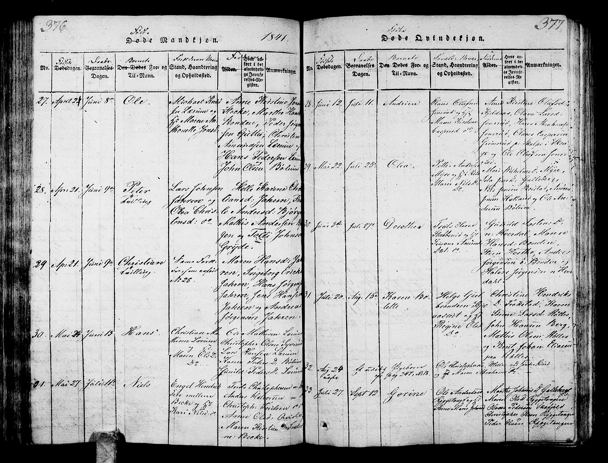 Sande Kirkebøker, AV/SAKO-A-53/G/Ga/L0001: Klokkerbok nr. 1, 1814-1847, s. 376-377