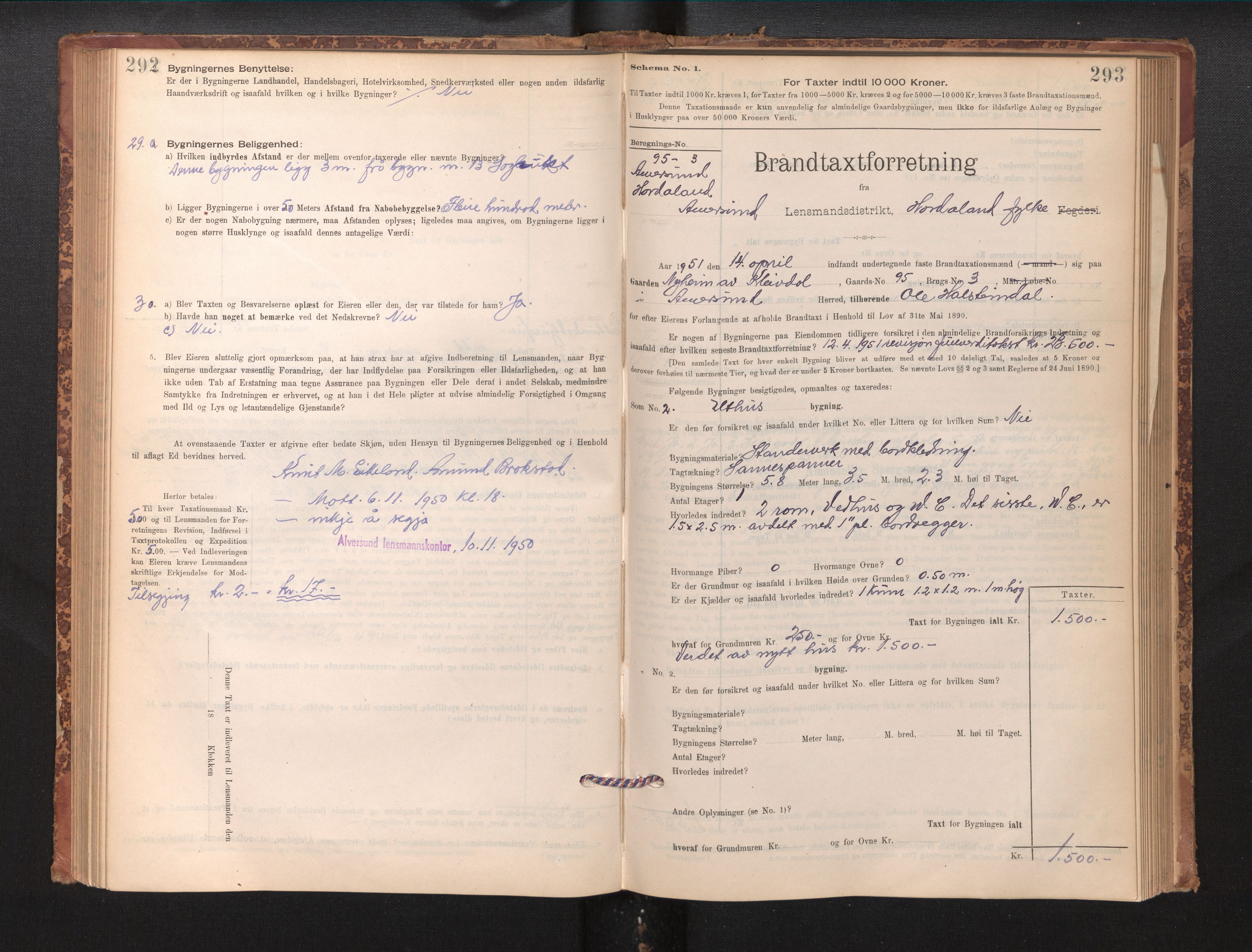 Lensmannen i Alversund, SAB/A-30701/0012/L0004: Branntakstprotokoll, skjematakst, 1894-1953, s. 292-293