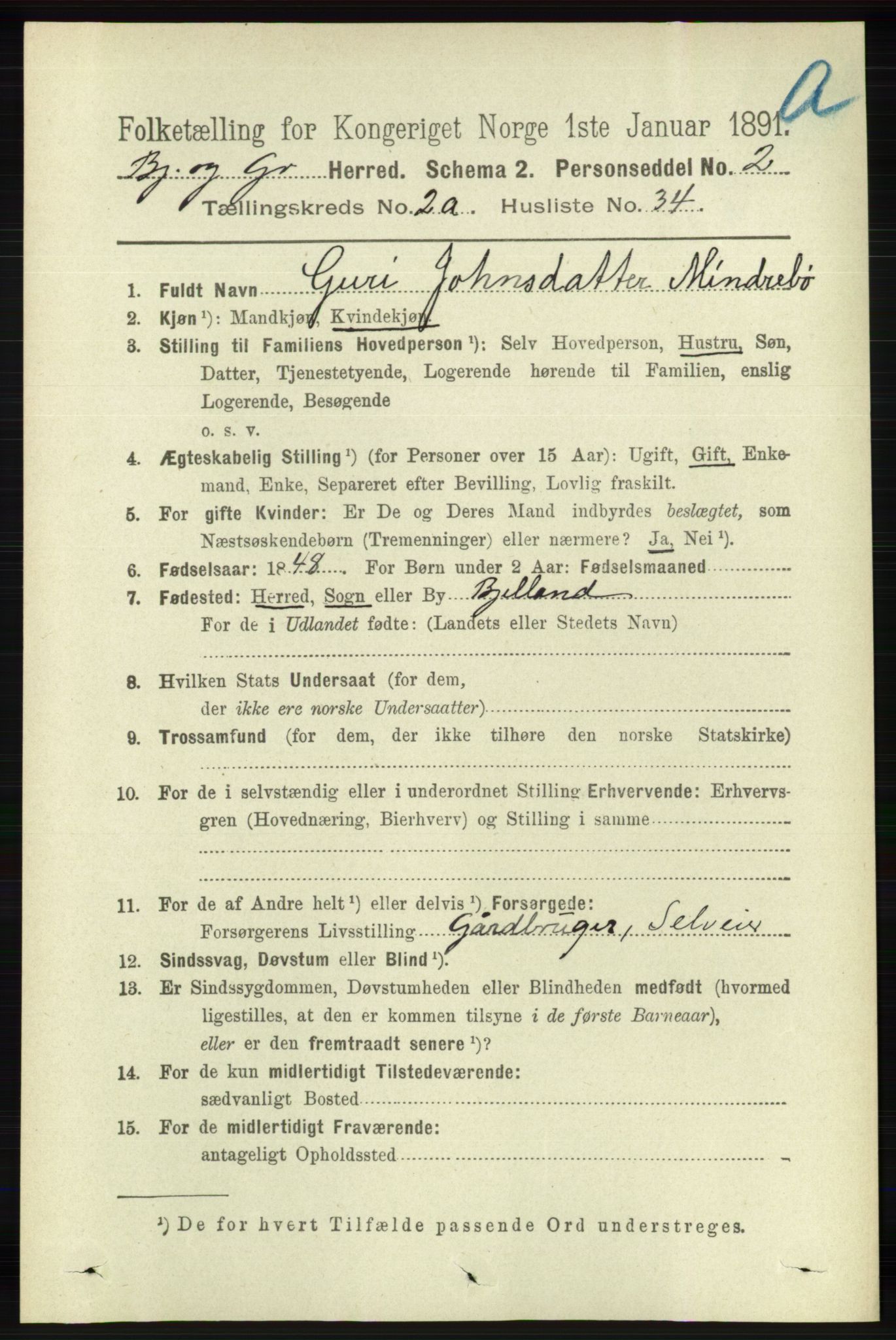 RA, Folketelling 1891 for 1024 Bjelland og Grindheim herred, 1891, s. 1319