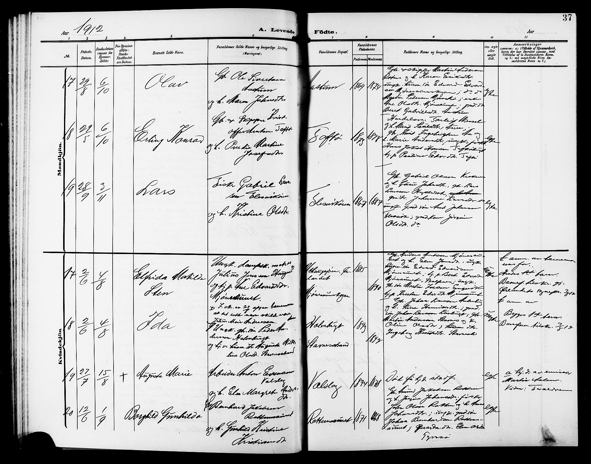 Ministerialprotokoller, klokkerbøker og fødselsregistre - Sør-Trøndelag, AV/SAT-A-1456/633/L0520: Klokkerbok nr. 633C02, 1906-1921, s. 37