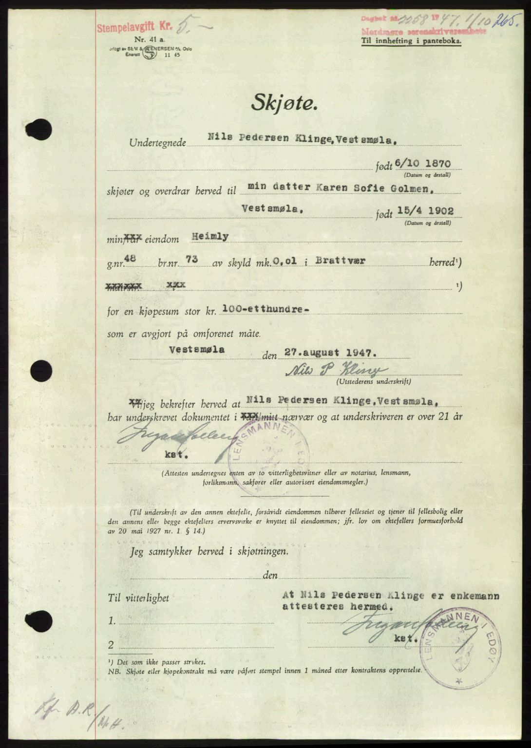 Nordmøre sorenskriveri, AV/SAT-A-4132/1/2/2Ca: Pantebok nr. A106, 1947-1947, Dagboknr: 2258/1947