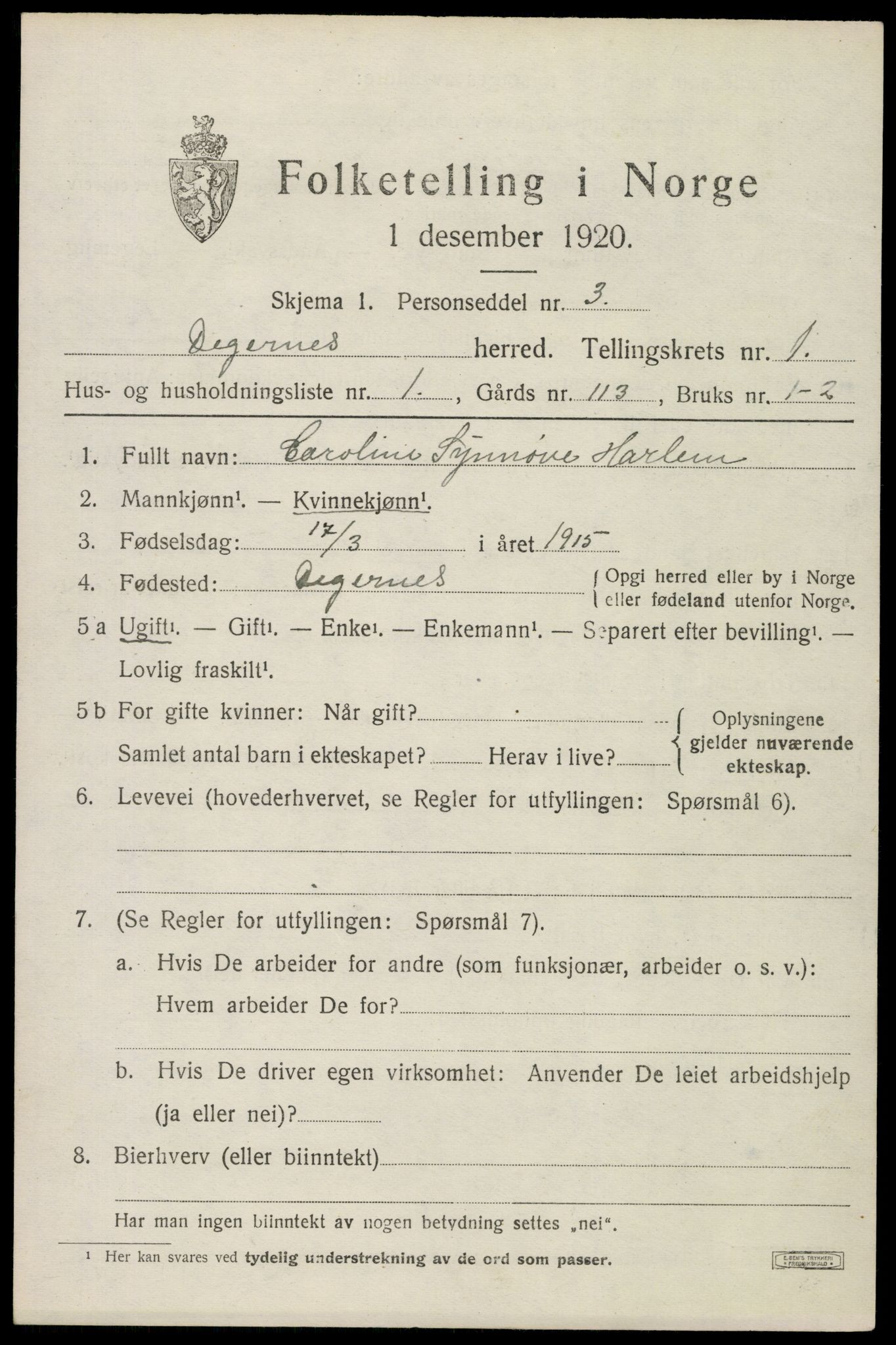 SAO, Folketelling 1920 for 0129 Degernes herred, 1920, s. 606