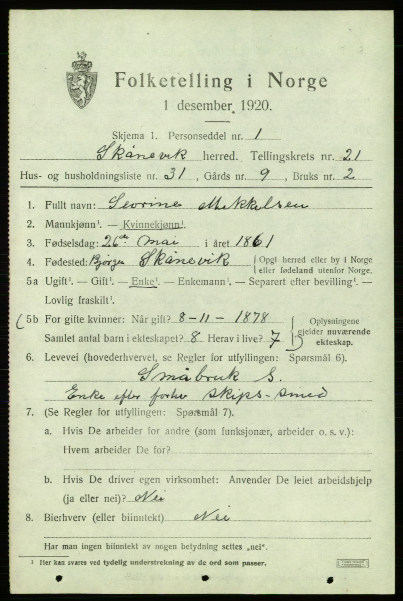 SAB, Folketelling 1920 for 1212 Skånevik herred, 1920, s. 8103