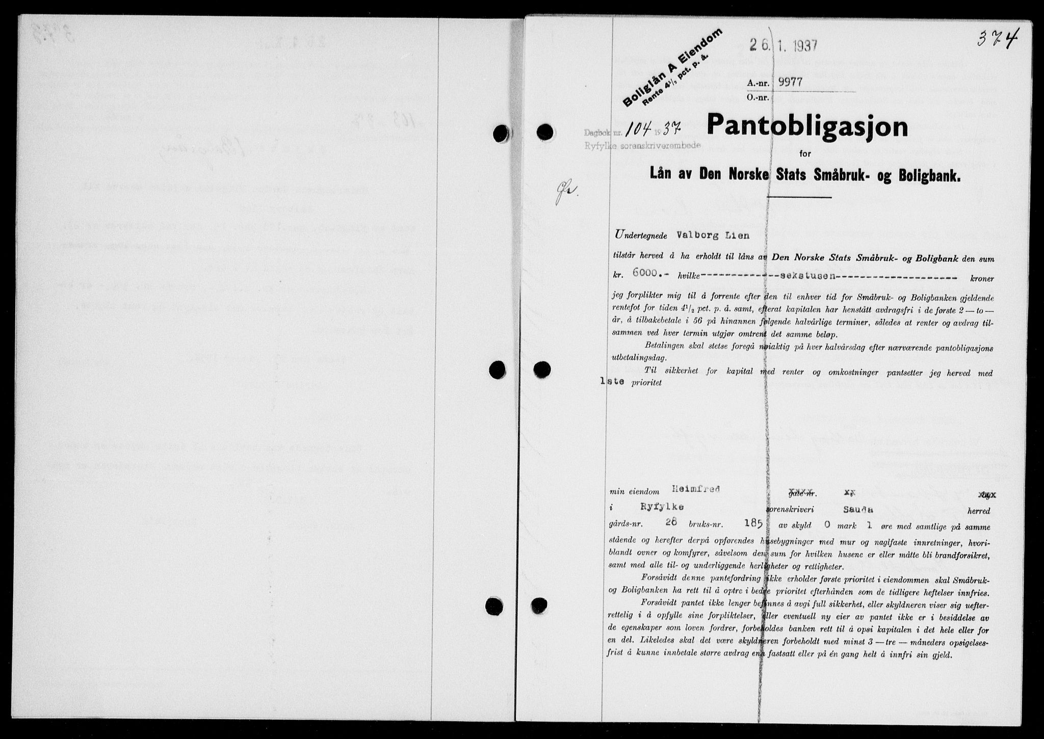 Ryfylke tingrett, SAST/A-100055/001/II/IIB/L0074: Pantebok nr. 53, 1936-1937, Dagboknr: 104/1937