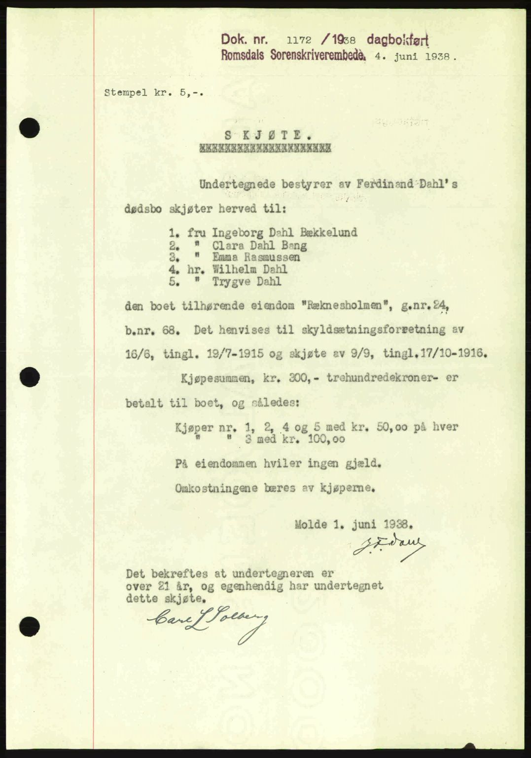 Romsdal sorenskriveri, SAT/A-4149/1/2/2C: Pantebok nr. A5, 1938-1938, Dagboknr: 1172/1938