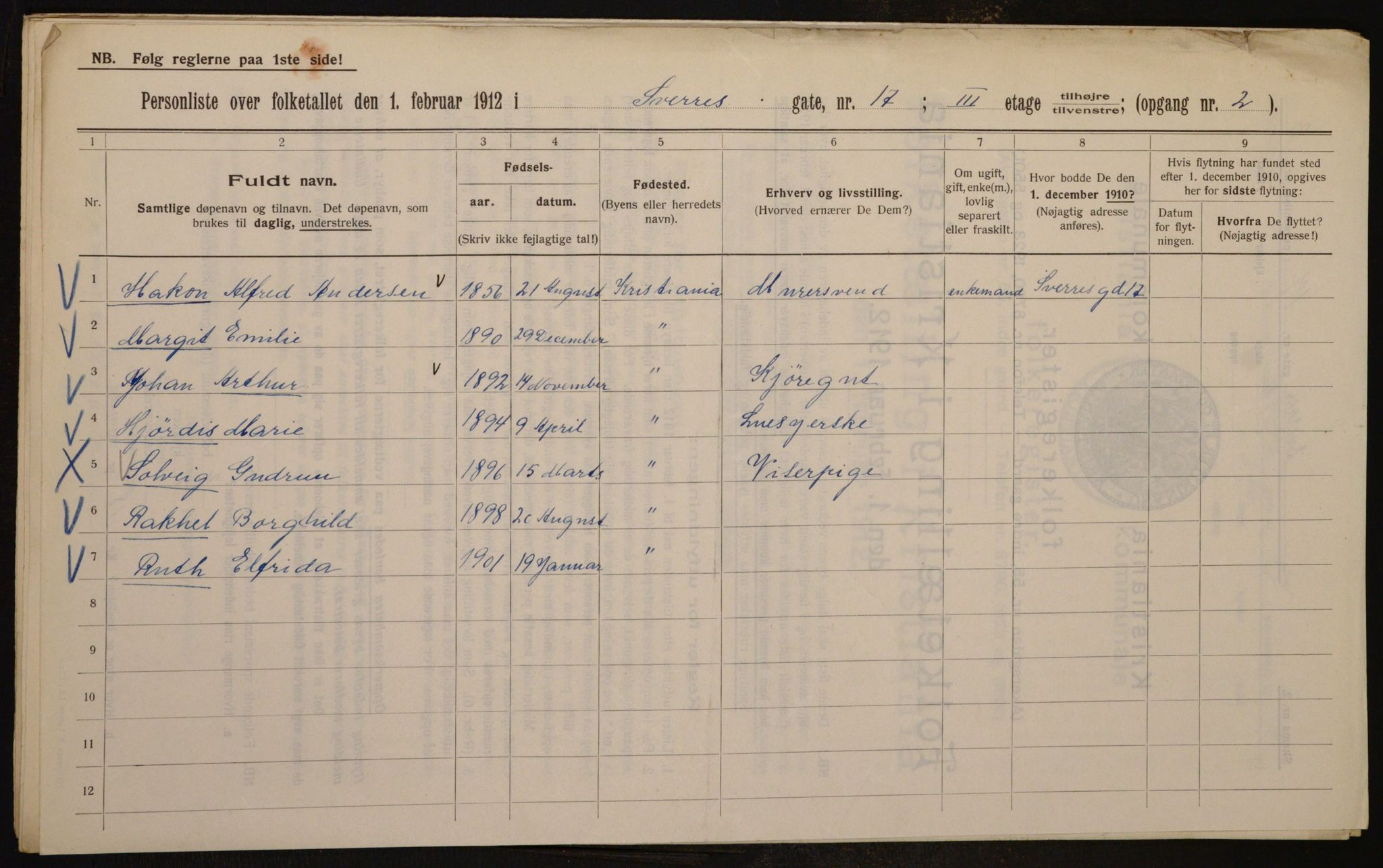 OBA, Kommunal folketelling 1.2.1912 for Kristiania, 1912, s. 105994