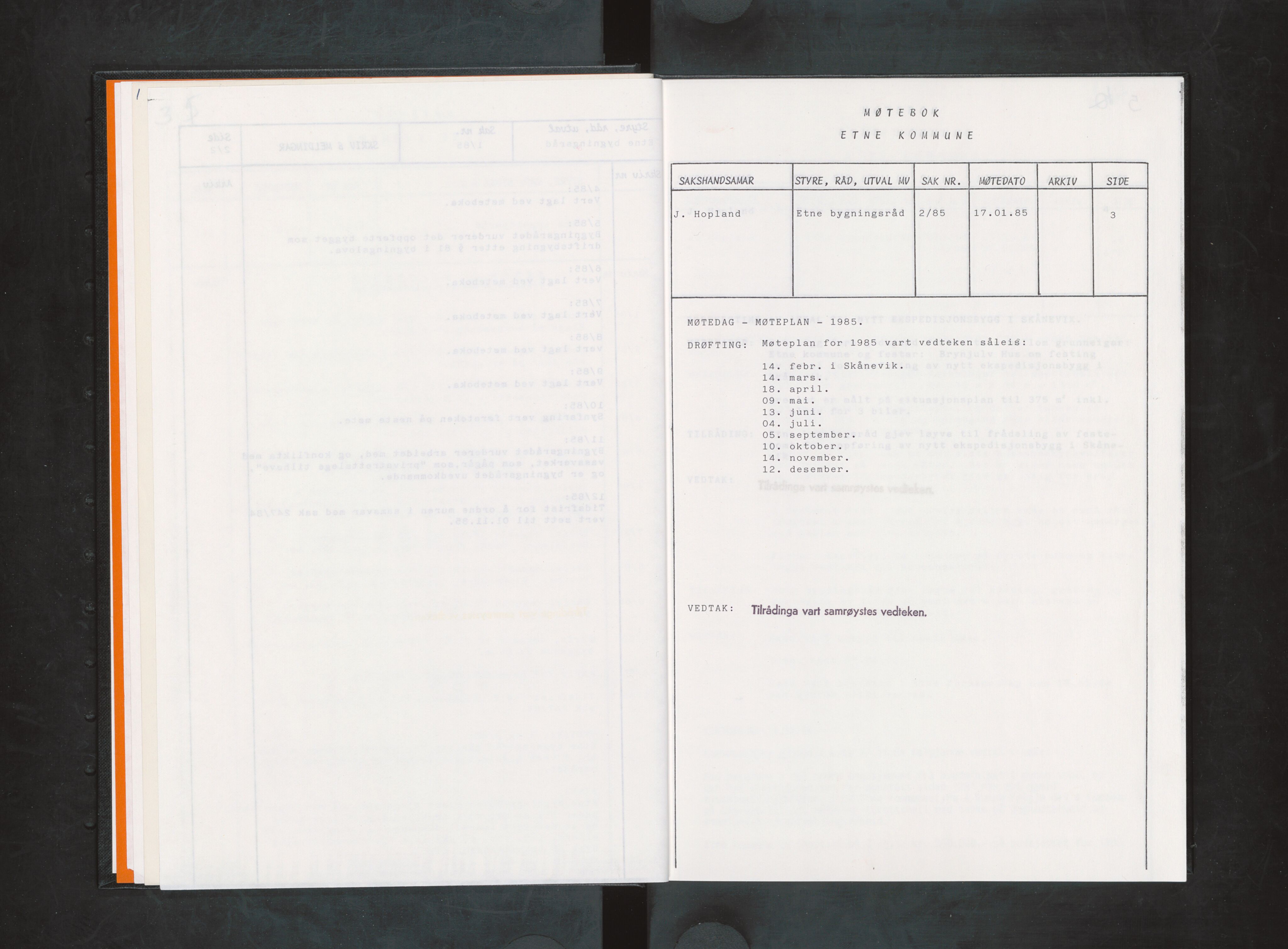 Etne kommune. Bygningsrådet, IKAH/1211-511/A/Aa/L0033: Møtebok Etne bygningsråd I, 1985